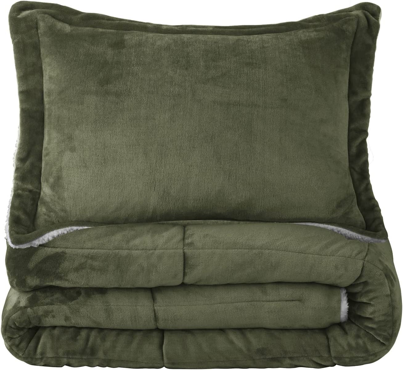 Seward Park Olive Green Sherpa Comforter Set - Twin XL Size All-Season Soft Warm Fleece Blanket - Winter College Dorm Bedding with 1 Pillow Sham - Cozy Home Decor for Bedroom, Guest Room & Apartment