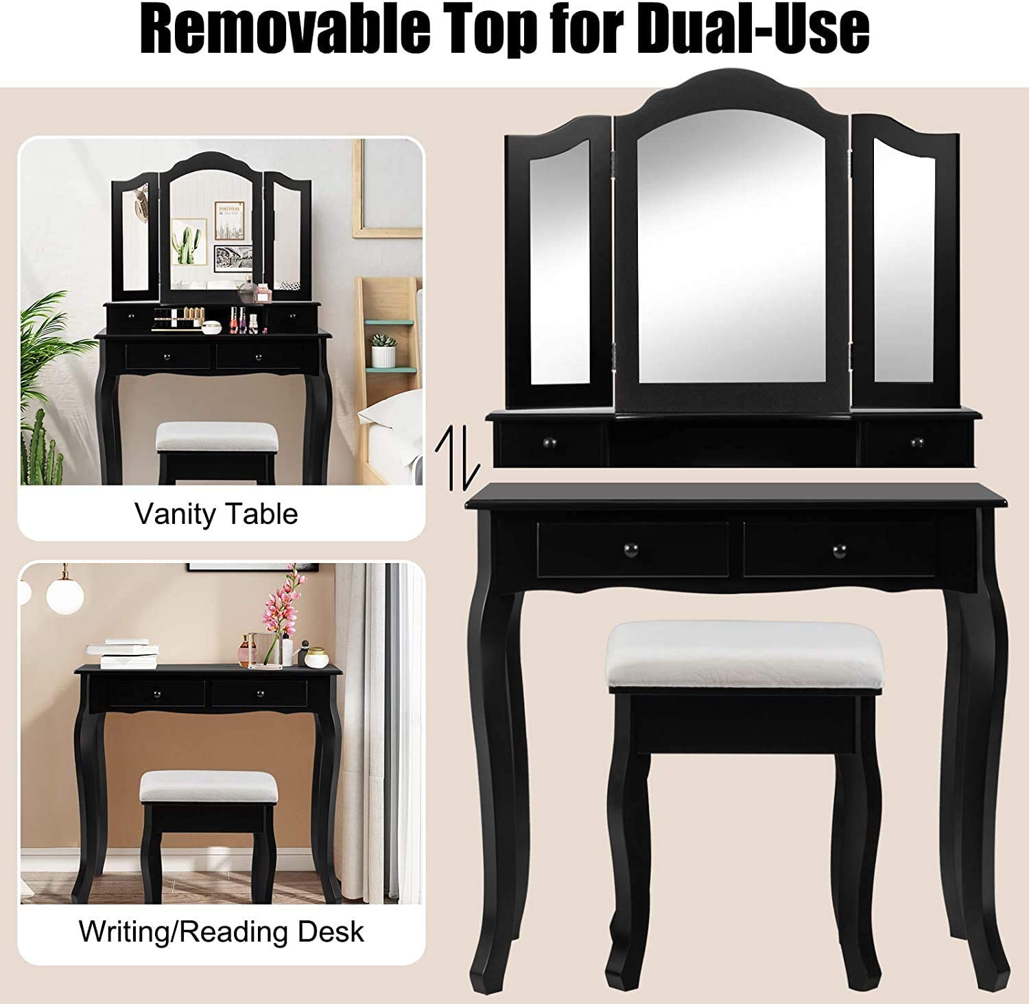 MAT EXPERT Vanity Desk Set with Mirror and Drawer - Modern Dressing Table with Cushioned Stool & 4 Storage Drawers - Tri-Folding Mirror Makeup Vanity for Bedroom, Bathroom, Nursery - Perfect for Daily Beauty Routine & Home Decor (Black)