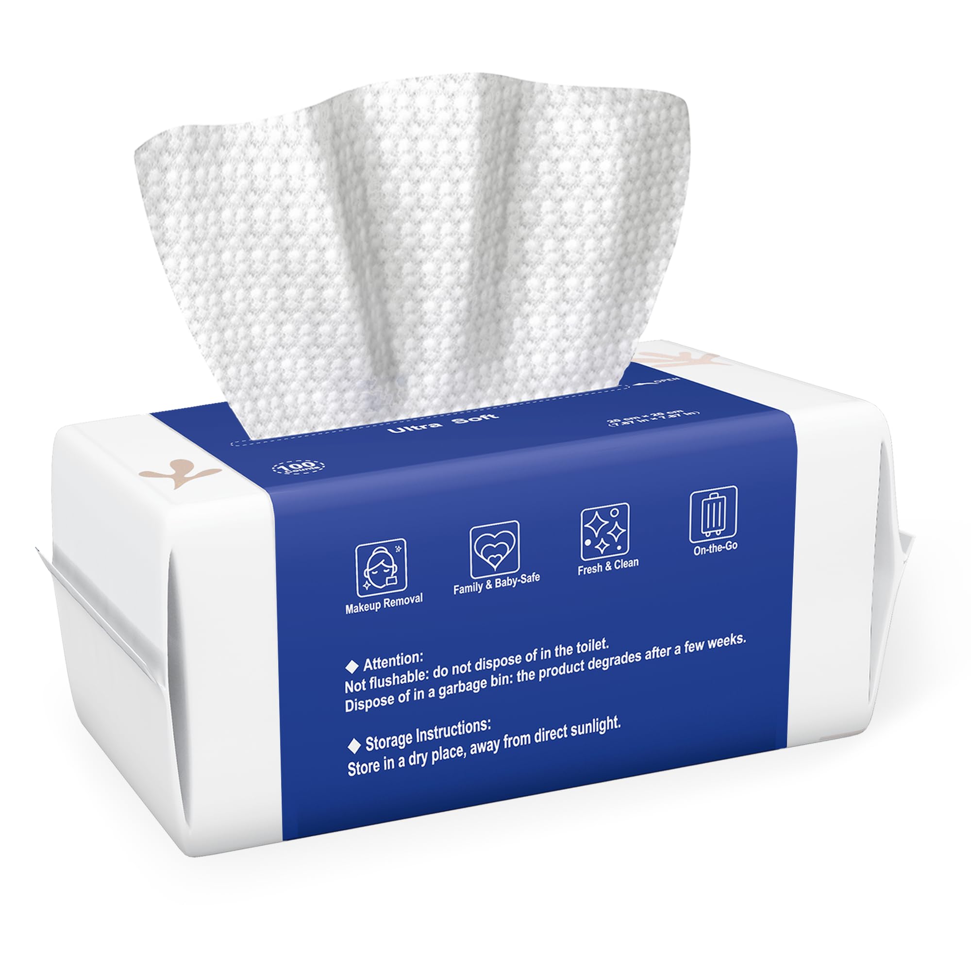 Ourmed Life Disposable Biodegradable Face Towels - 100 Count Dot Texture Facial Wipes for Sensitive Skin, Makeup Remover & Skincare | Lint-Free, Hypoallergenic Dry Wipes for Women | Perfect for Travel, Gym & Daily Beauty Routine