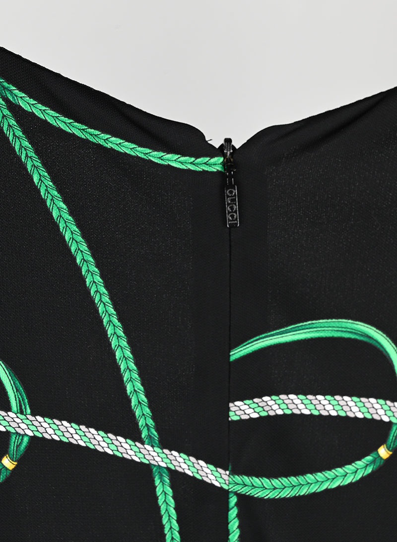 Gucci Black Dress with Green Fantasy Print - Size S | Elegant Evening Wear for Women's Parties & Special Occasions