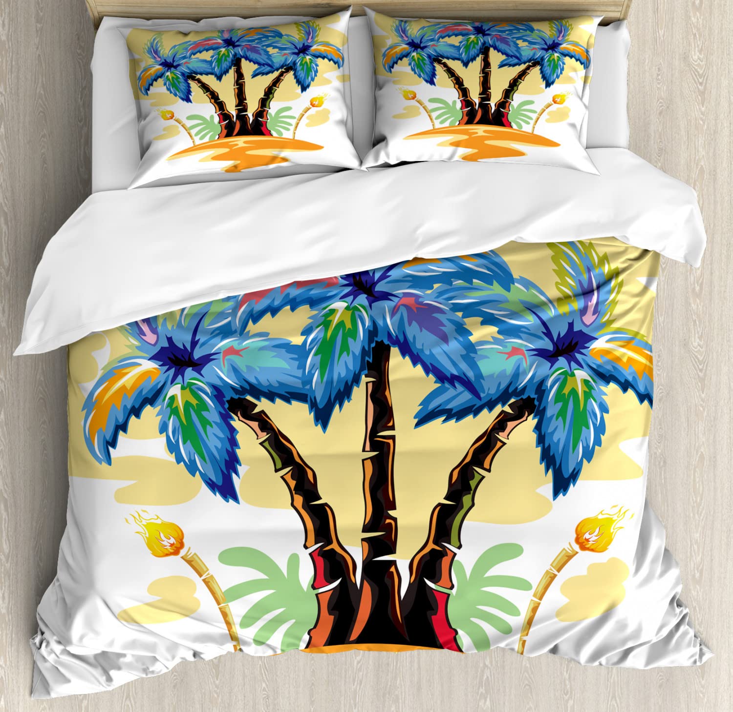Ambesonne Tropical Palm Tree Duvet Cover Set - Colorful Hawaiian Sunset Design with Seagulls & Torch, 2-Piece Twin Size Bedding (Blue & Orange) for Beach House, Summer Decor & Vacation Themed Bedrooms