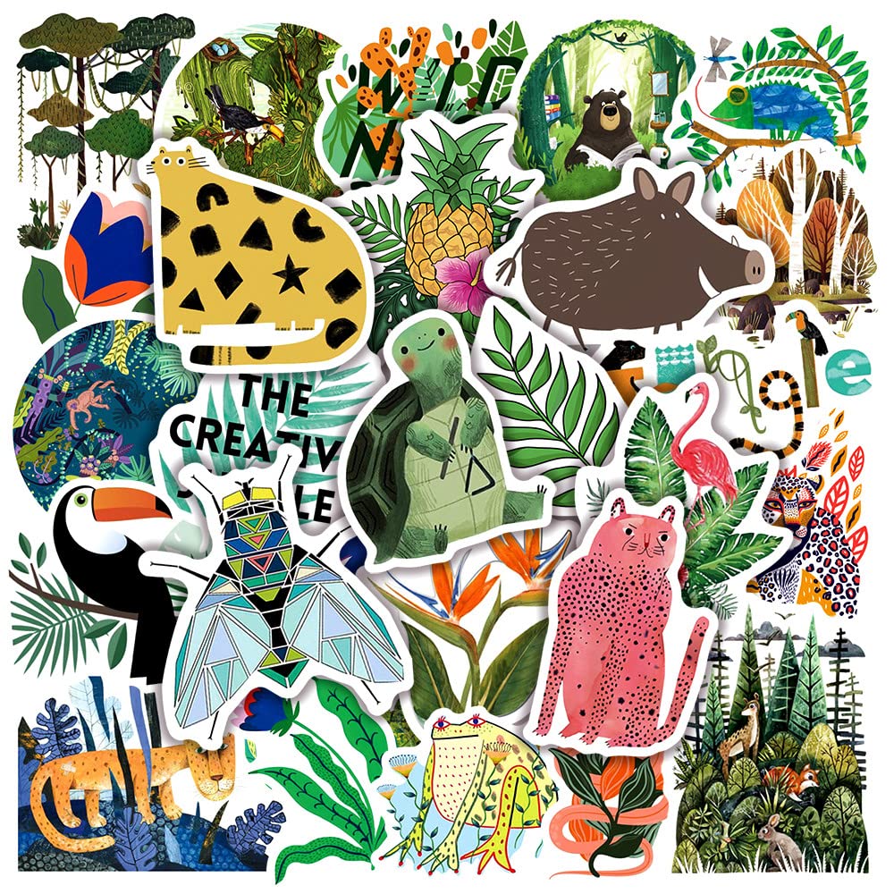 Jungle Safari Animals Rainforest Stickers - 50PCS Waterproof Wildlife Animal Stickers for Kids, Water Bottles, Laptops, Scrapbooking, Journaling - Perfect for School Projects, DIY Crafts & Nature-Themed Decorations