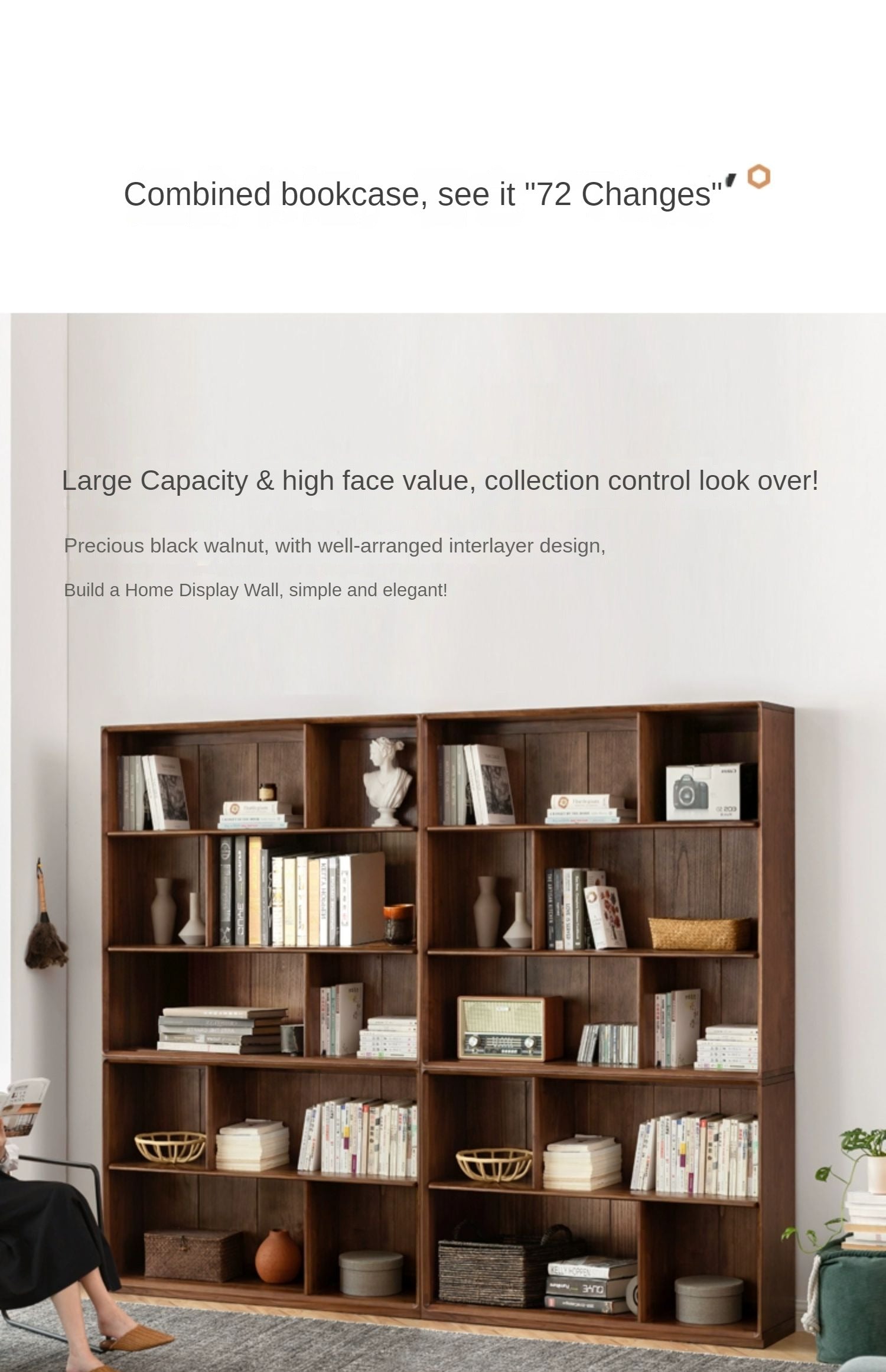 Solid Black Walnut Wood Floor Standing Low Bookcase - Modern Bookshelf with Storage for Living Room, Office & Study | Durable Wooden Shelf for Home Decor & Organization