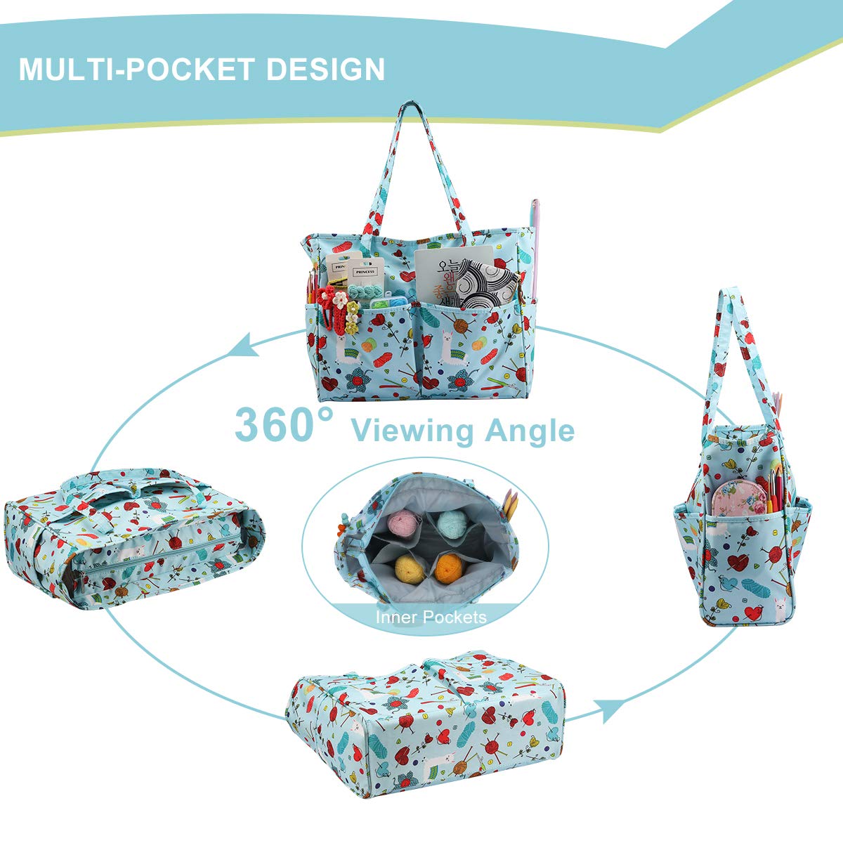 LOOEN Crochet Knitting Tote Bag - Large Yarn Storage Organizer with Multiple Pockets for Crochet Hooks, Knitting Needles & Accessories - Perfect for Crafters, DIY Projects & On-the-Go Knitting (Blue)