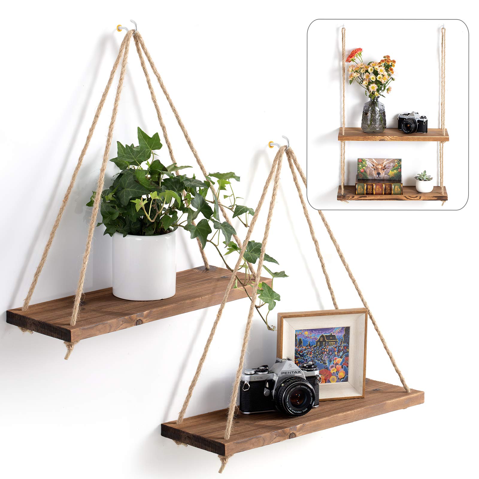 Rustic Wooden Rope Shelf - 2 Tier Hanging Wall Shelf for Bathroom, Office, Veranda, Bedroom & Living Room - 17.5x6