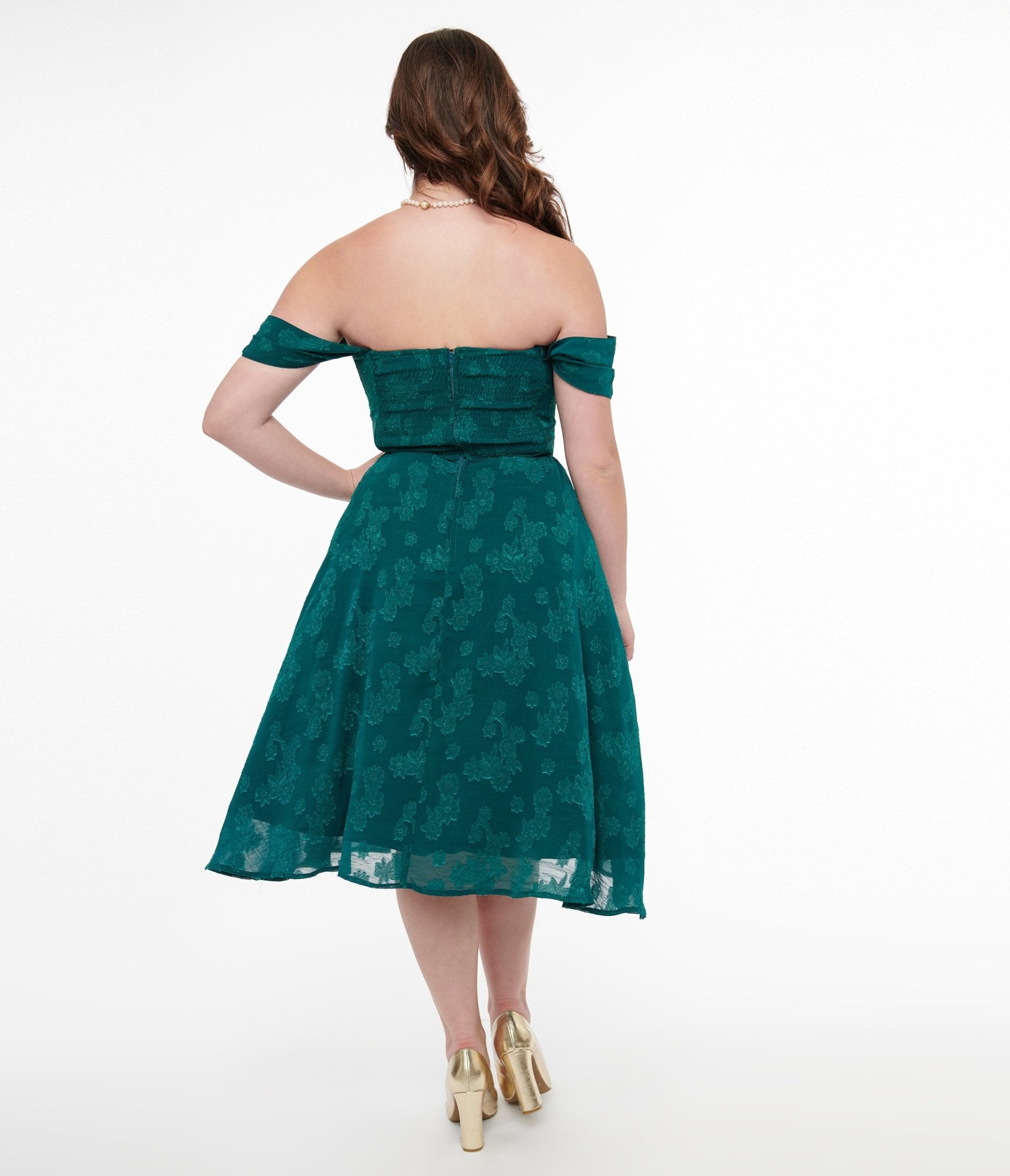 Vintage 1950s Teal Jacquard Off Shoulder Flare Dress - Retro Swing Dress for Cocktail Parties, Weddings & Special Occasions