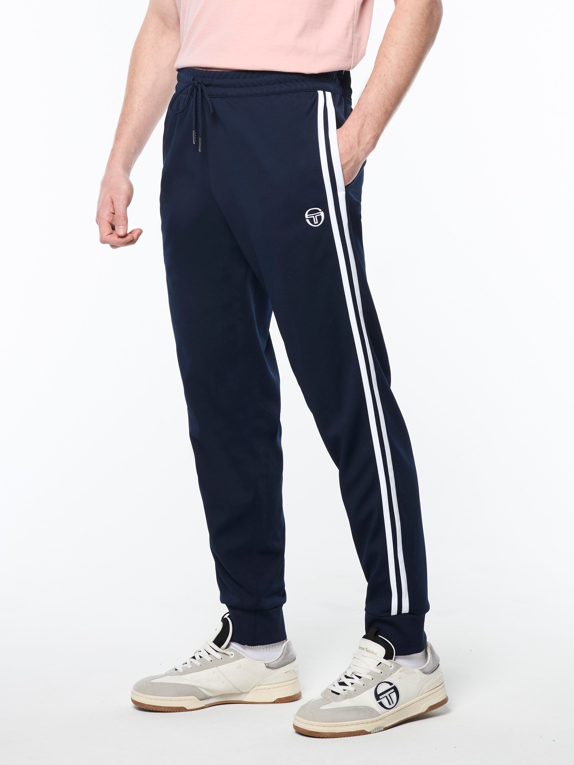 Damarindo Track Pants for Men - Comfortable Athletic Joggers with Elastic Waistband, Stylish Maritime Blue & White Design - Perfect for Running, Gym, and Casual Wear