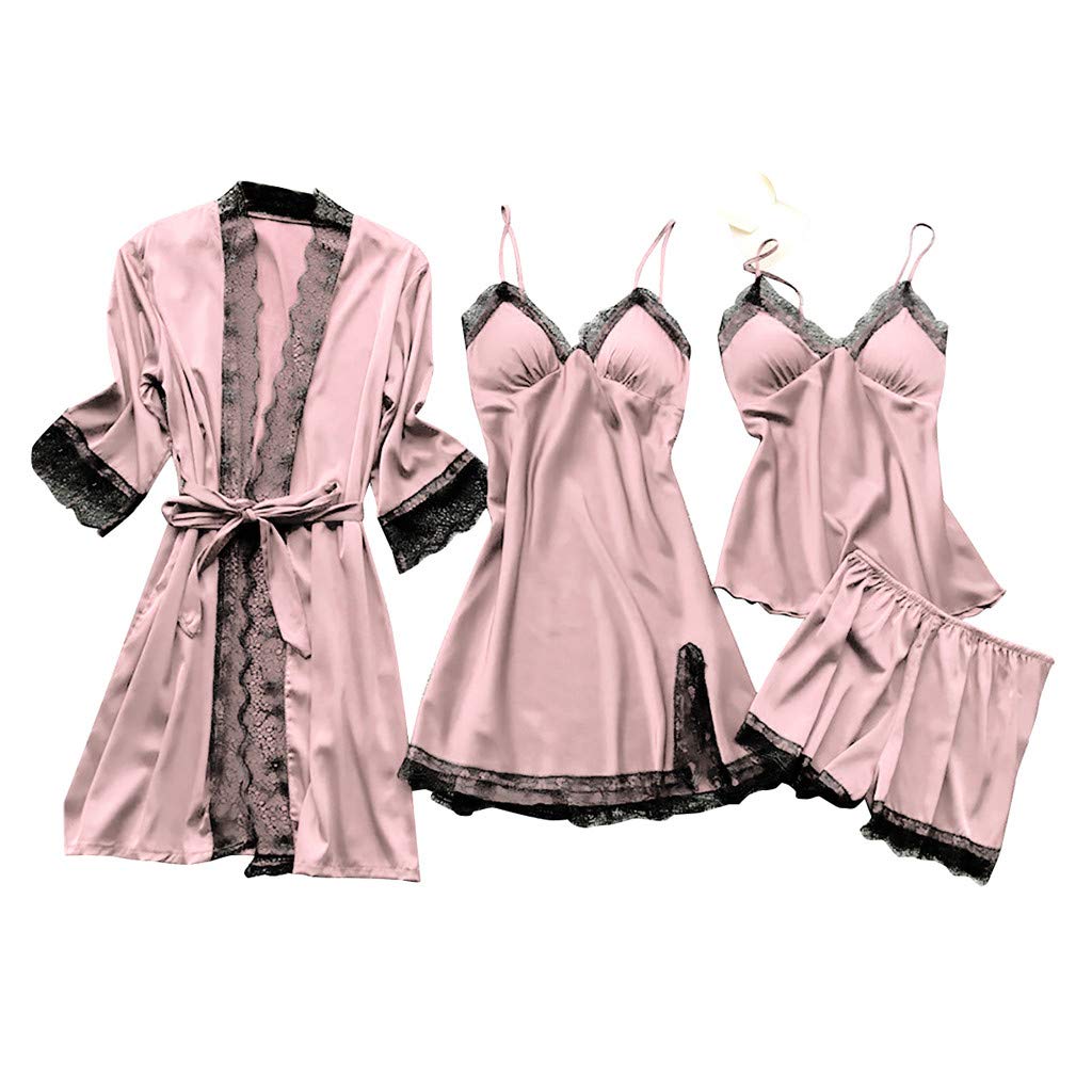 Women's 4-Piece Satin Pajama Set with Floral Lace Trim - Soft Comfy Sleepwear & Robe - Sexy Nightgown Lingerie for Valentine's Day, Anniversary Gift or Relaxing at Home
