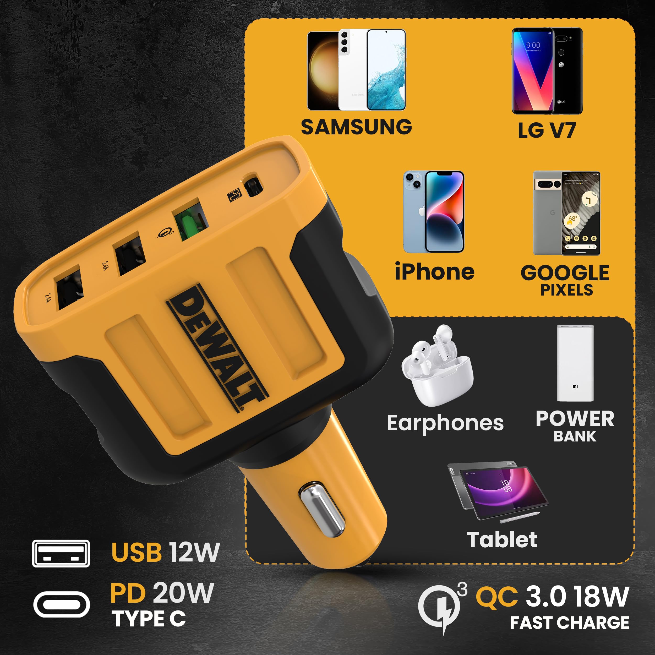 DEWALT 60W 4-Port USB C Car Charger with PD Fast Charging - Compatible with iPhone 16/15, Samsung Galaxy, iPad & More - Perfect for Road Trips, Commuting & Multi-Device Charging in Vehicles