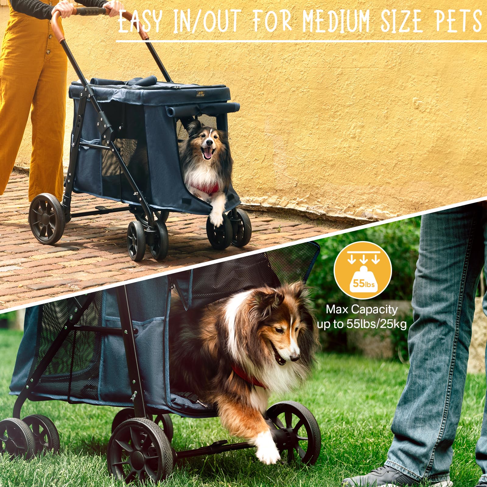 Upgraded 4 Wheel Pet Stroller for Small & Medium Dogs - One Button Fold, Adjustable Mesh Windows & Shades, 360° Swivel Front Wheels with Rear Wheel Brake | Perfect for Outdoor Walks, Park Visits & Vet Appointments