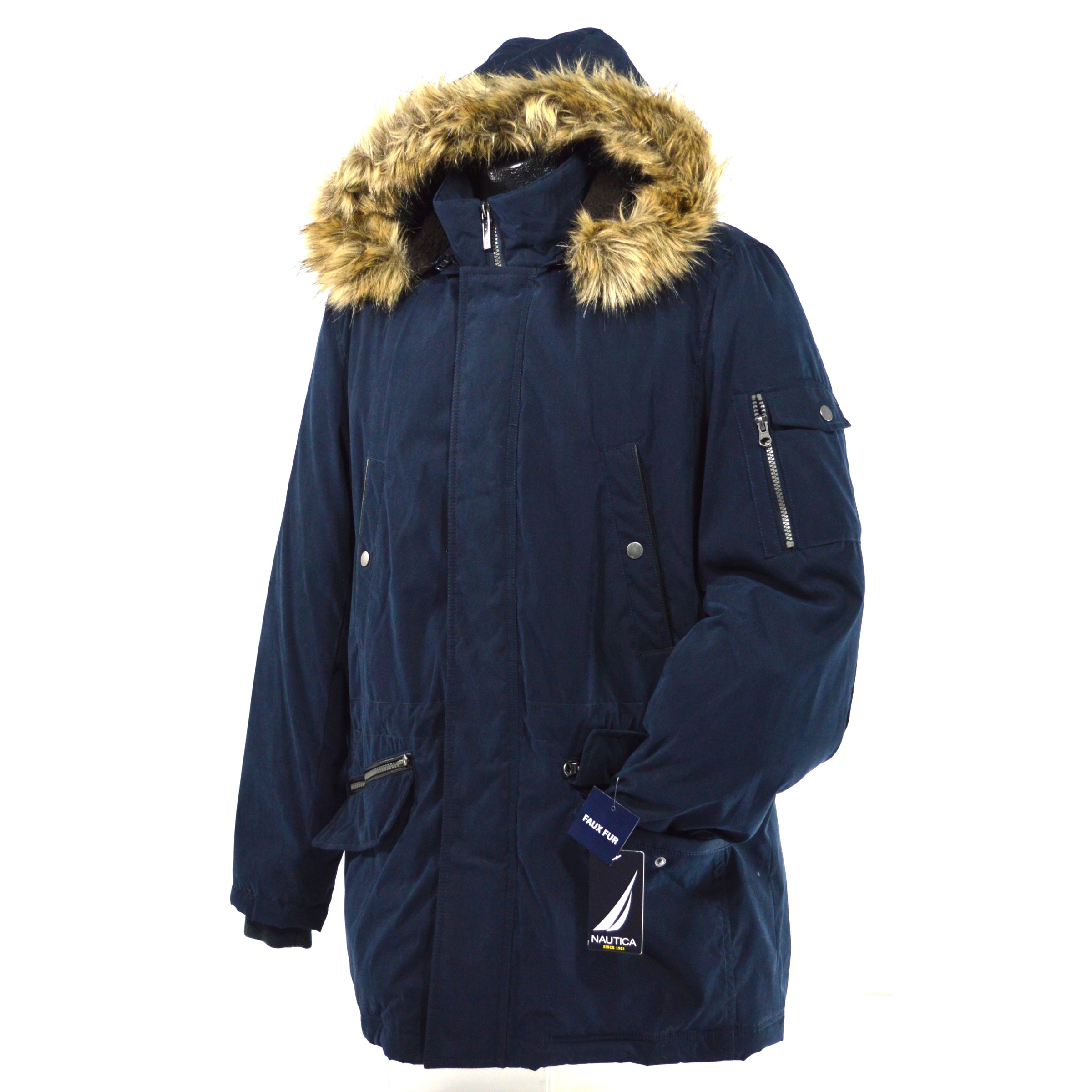 New with Tags! NAUTICA Men's Faux Fur Hooded Parka Coat - Dark Navy, Size Medium | Winter Outerwear for Cold Weather & Outdoor Activities