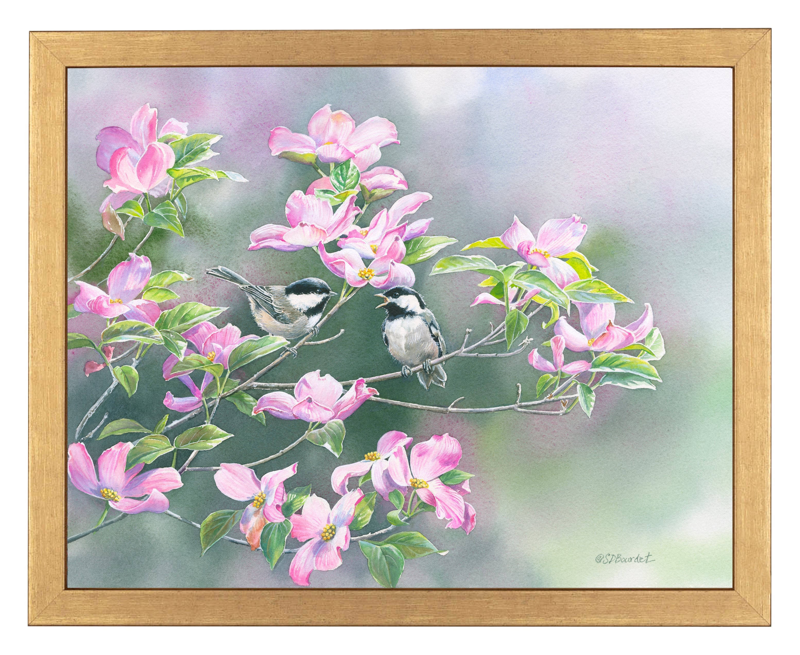 Chickadees in Dogwood Art Prints - Handmade Bird Wall Decor for Living Room, Bedroom & Office