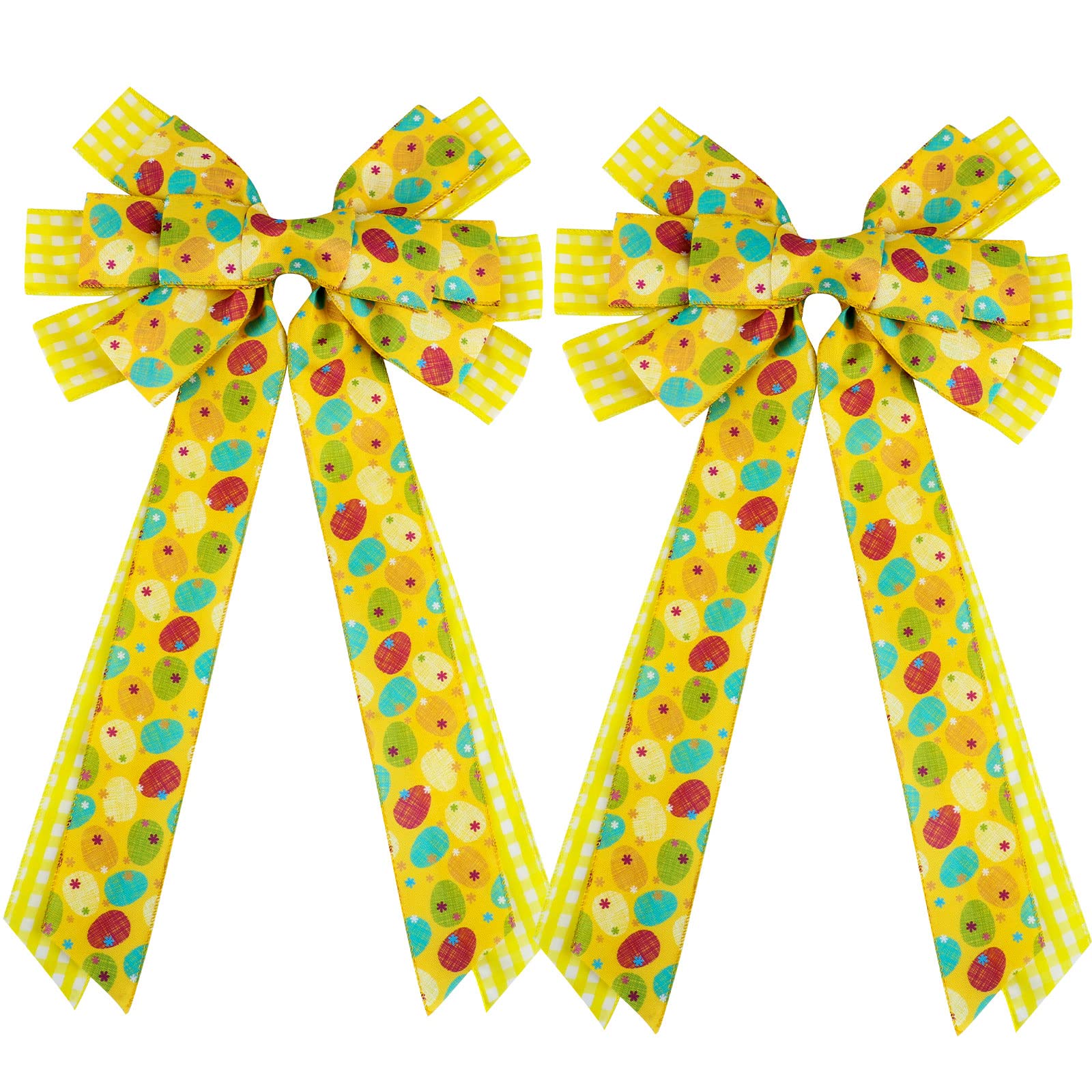 2-Pack Large Easter Wreath Bows with Easter Eggs - Yellow Multilayer Ribbon Bow Tie Decor (12.9