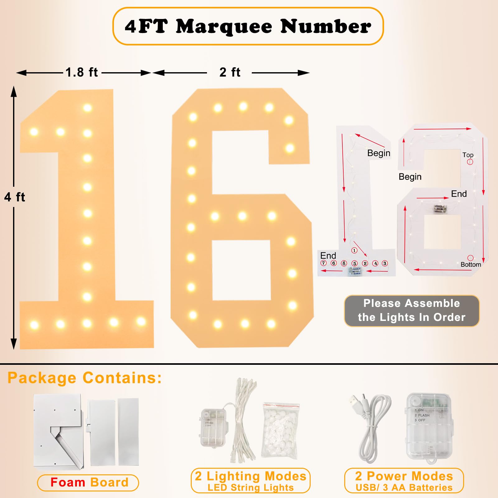 LOBOOM 4FT Light Up Numbers - Giant Marquee Number 16 Sign for Birthday & Anniversary Decor | 4 Feet Tall Mosaic Backdrop for 16th Birthday Party, Wedding, Graduation & Special Events | Pre-Cut Large Frame LED Number