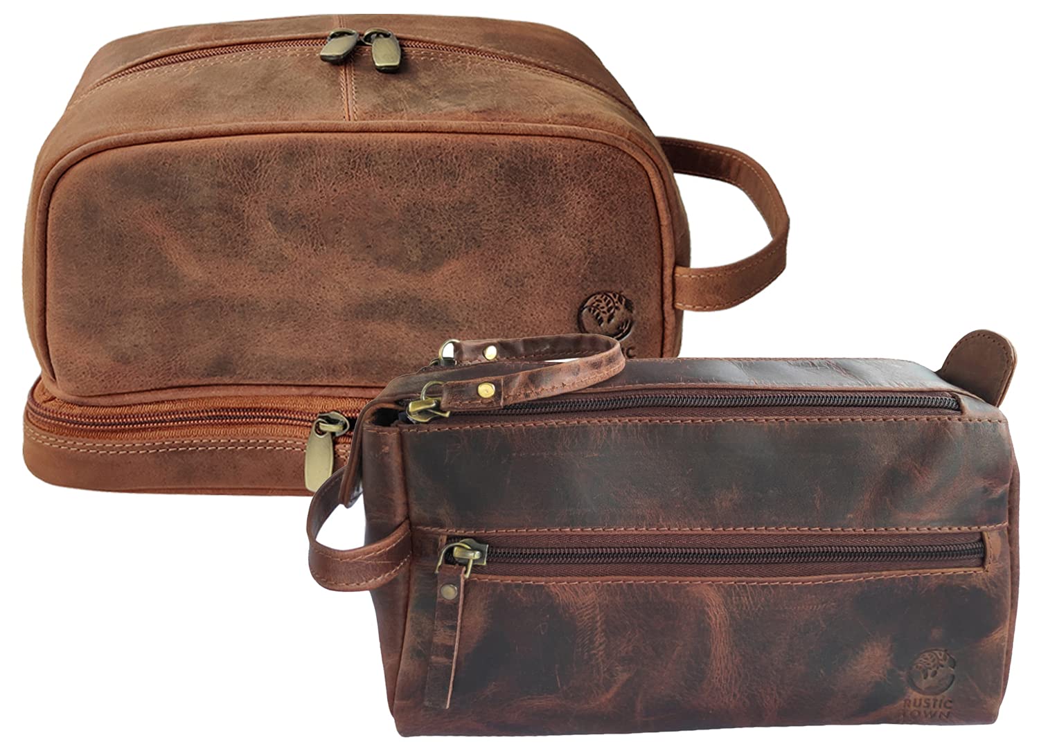 RUSTIC TOWN Genuine Leather Toiletry Bag Set - Handmade Top Grain Leather Travel Organizer for Men & Women | Perfect Gift for Business Trips, Camping & Vacation Essentials