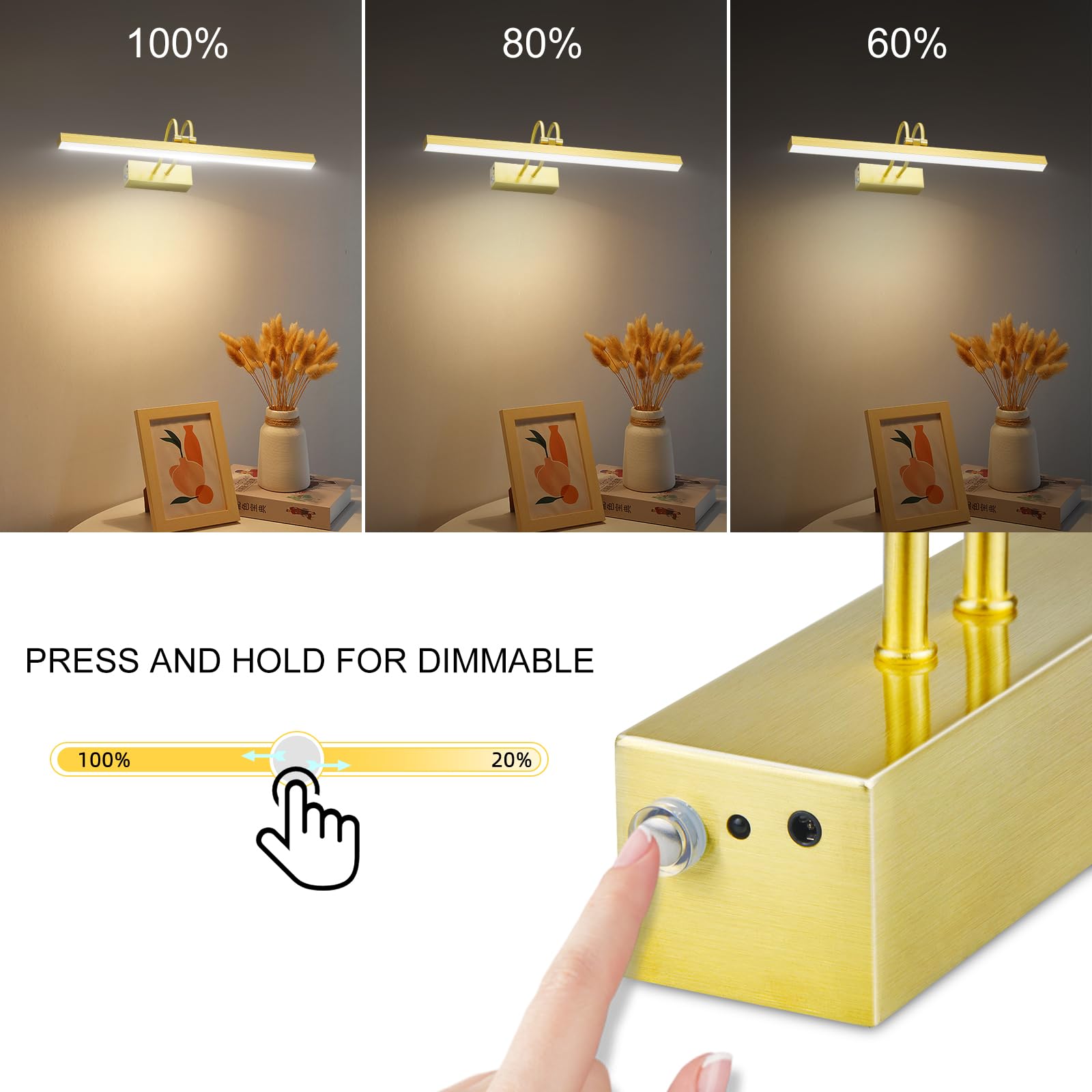 Rechargeable Battery Operated Picture Light with Remote - 60 LED Dimmable Wireless Wall Art Light for Paintings, 20 Inch Brass Gallery Lighting | Perfect for Home Decor, Museum Displays & Artwork Illumination