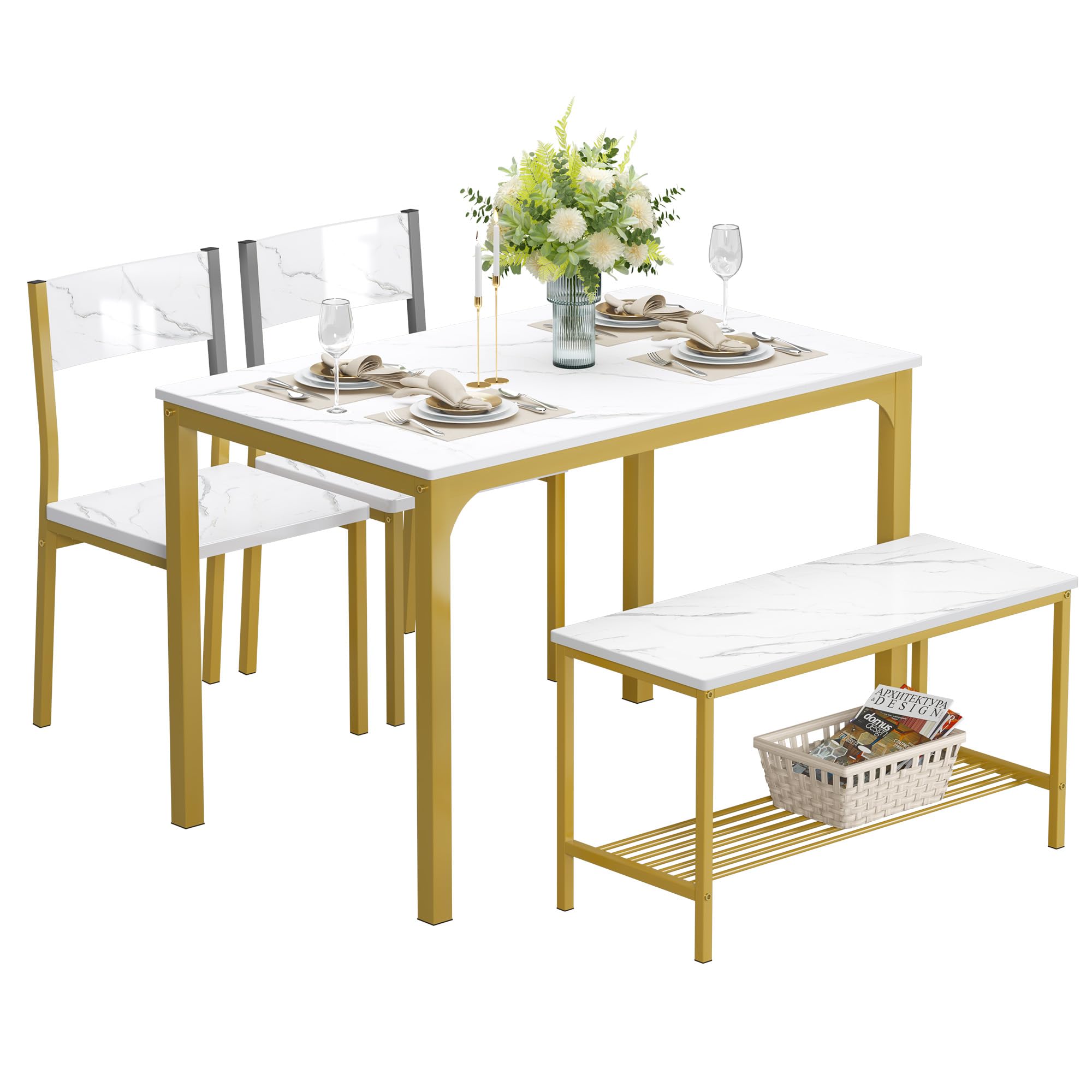 SDHYL 4-Piece Wooden Dining Table Set with Metal Legs - 2 Chairs & 1 Bench for Kitchen, Living Room & Breakfast Nook - Space Saving Rustic Brown Table Set for Small Homes & Apartments