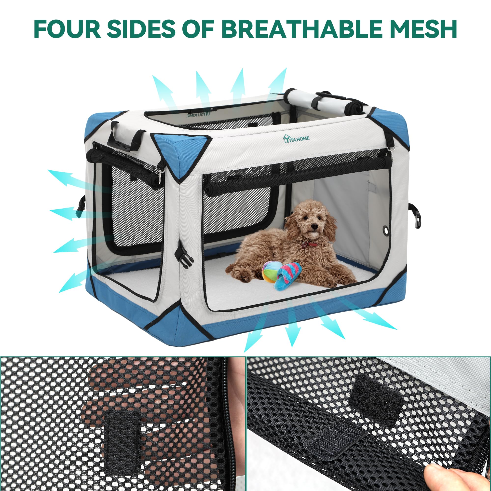 YITAHOME 4-Door Collapsible Dog Crate - Portable Travel Pet Kennel with Breathable Mesh Windows & Soft Mat - Foldable Soft Dog Cage for Indoor & Outdoor Use (36