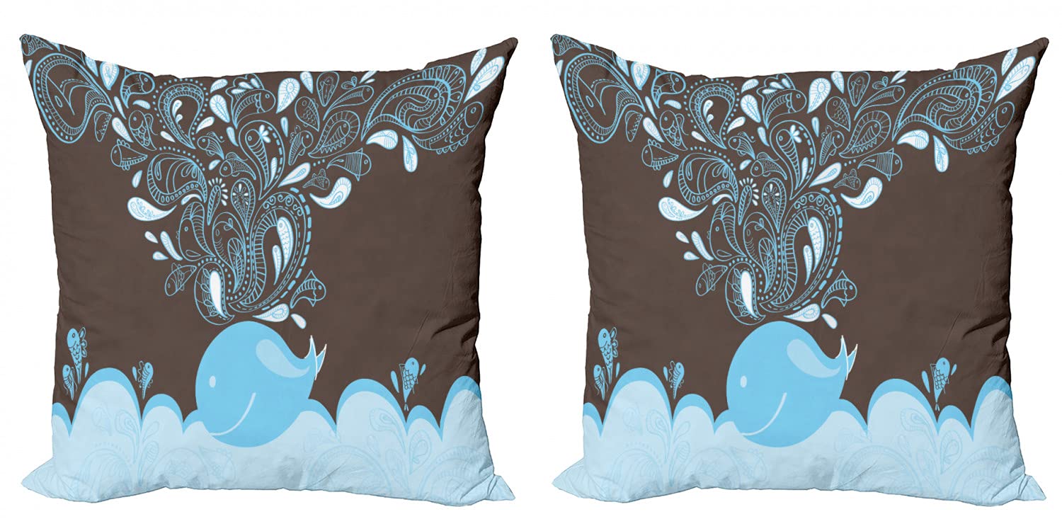 Ambesonne Whale Decorative Throw Pillow Covers Pack of 2 - Ocean Theme Cartoon Batik Tribal Style Cushion Covers for Couch, Bedroom & Living Room - 20 Inch Blue and Brown Whale Design - Perfect for Coastal Decor, Kids Room & Boho Home Accents