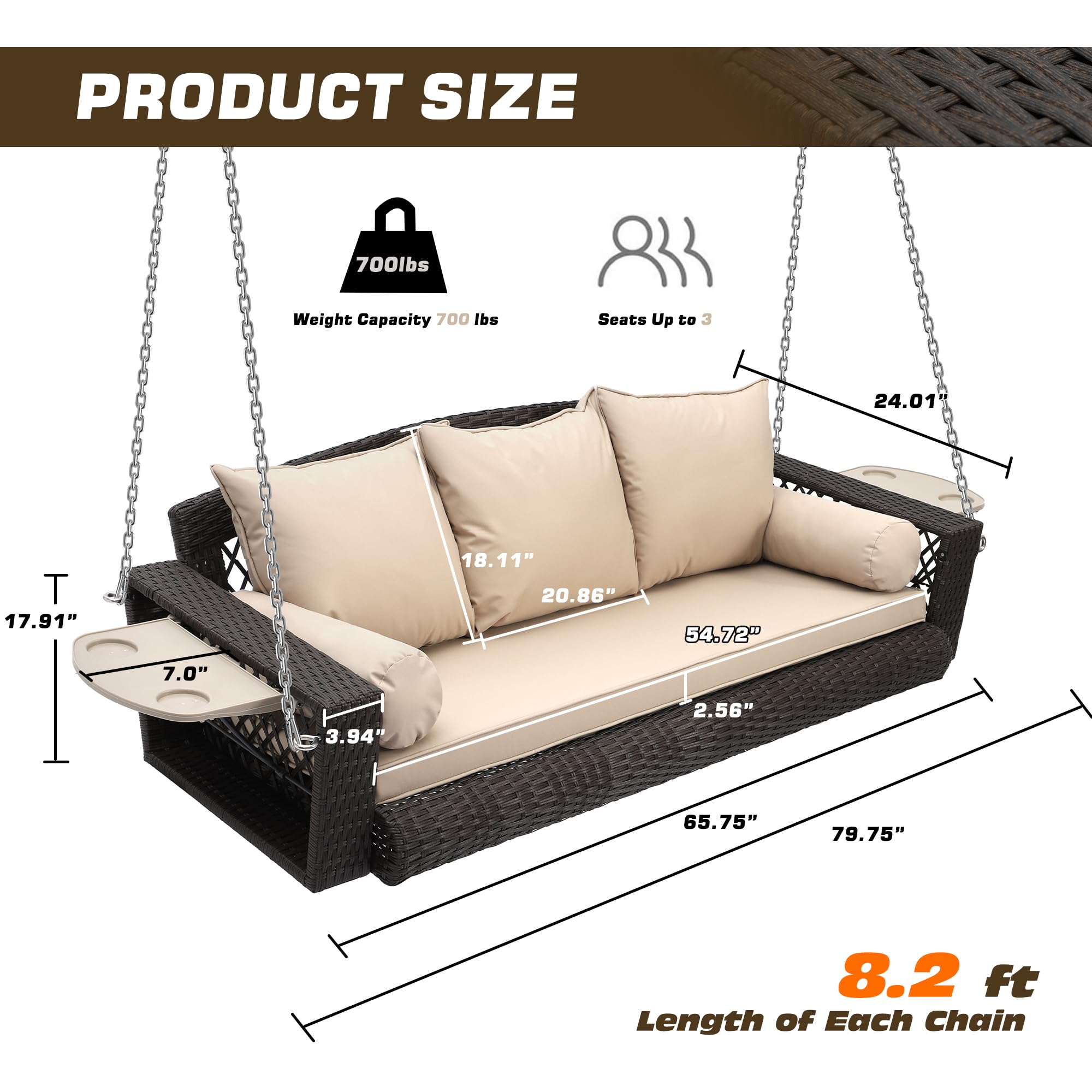 Grepatio 3-Person Wicker Porch Swing Chair - Outdoor Rattan Hanging Swing Bench with Cushion & Pillow - Brown Rattan with Khaki Cushion - Perfect for Garden, Yard, Lawn, Patio & Backyard Relaxation