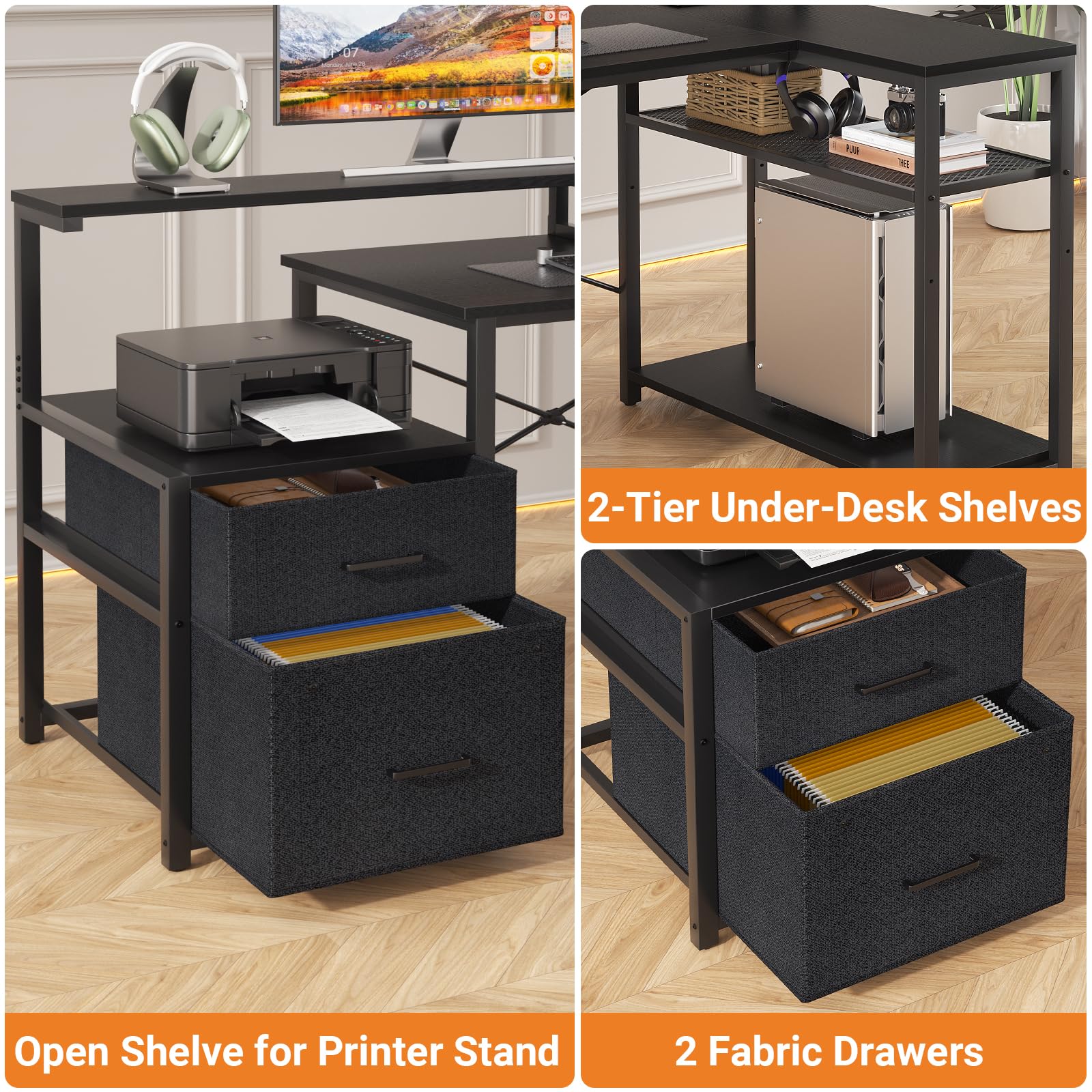 Aheaplus Reversible L-Shaped Computer Desk with File Drawer, Power Outlet & LED Strip - Home Office Gaming Desk with Monitor Shelf & Storage Shelves, Black - Perfect for Small Spaces, Work from Home & PC Gaming Setups
