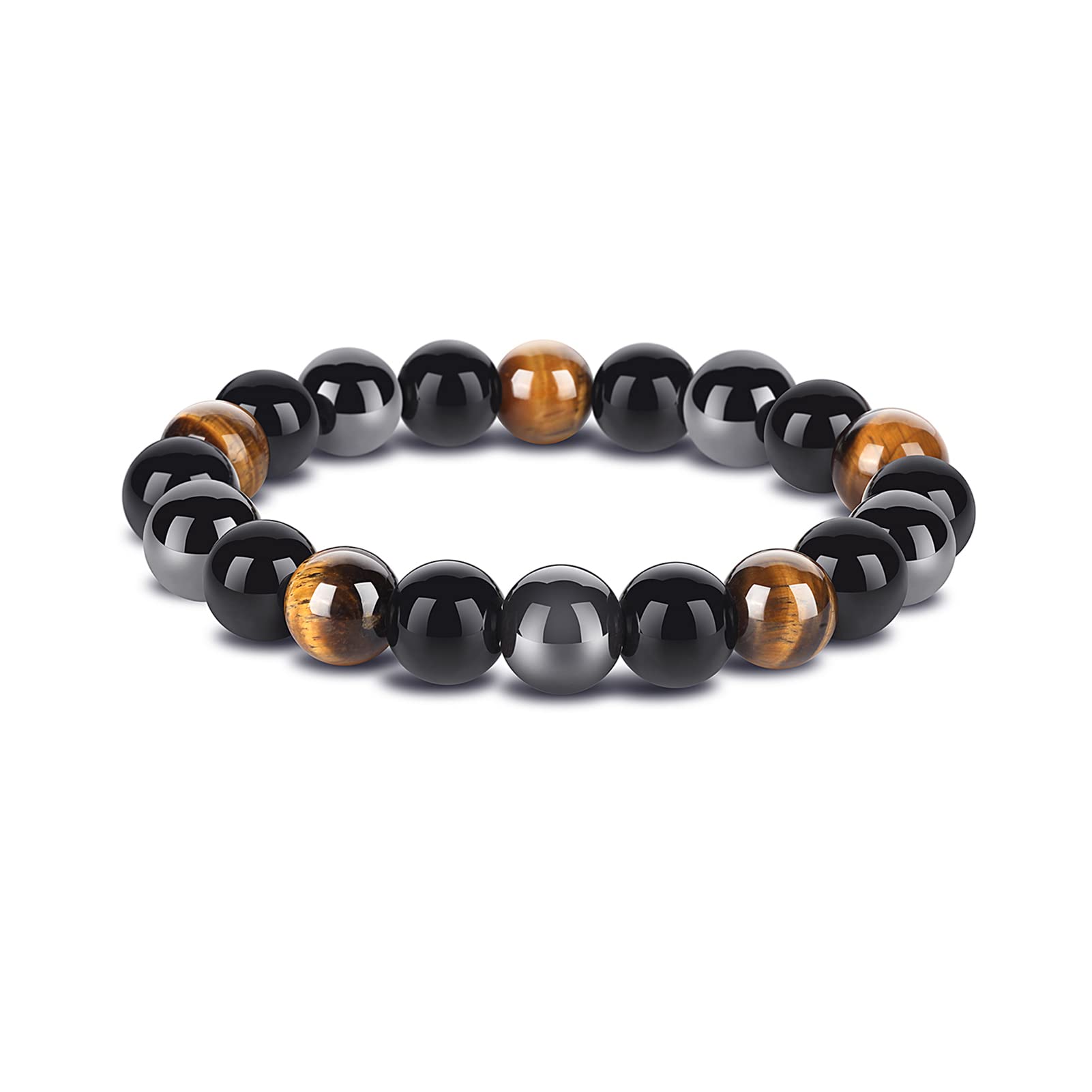 Handmade Beaded Protection Bracelet for Men - 10mm Natural Gemstone Black Obsidian, White Selenite & Red Tiger Eye - Anxiety Relief, Good Luck, Passion & Motivation - Perfect for Meditation, Yoga & Spiritual Healing