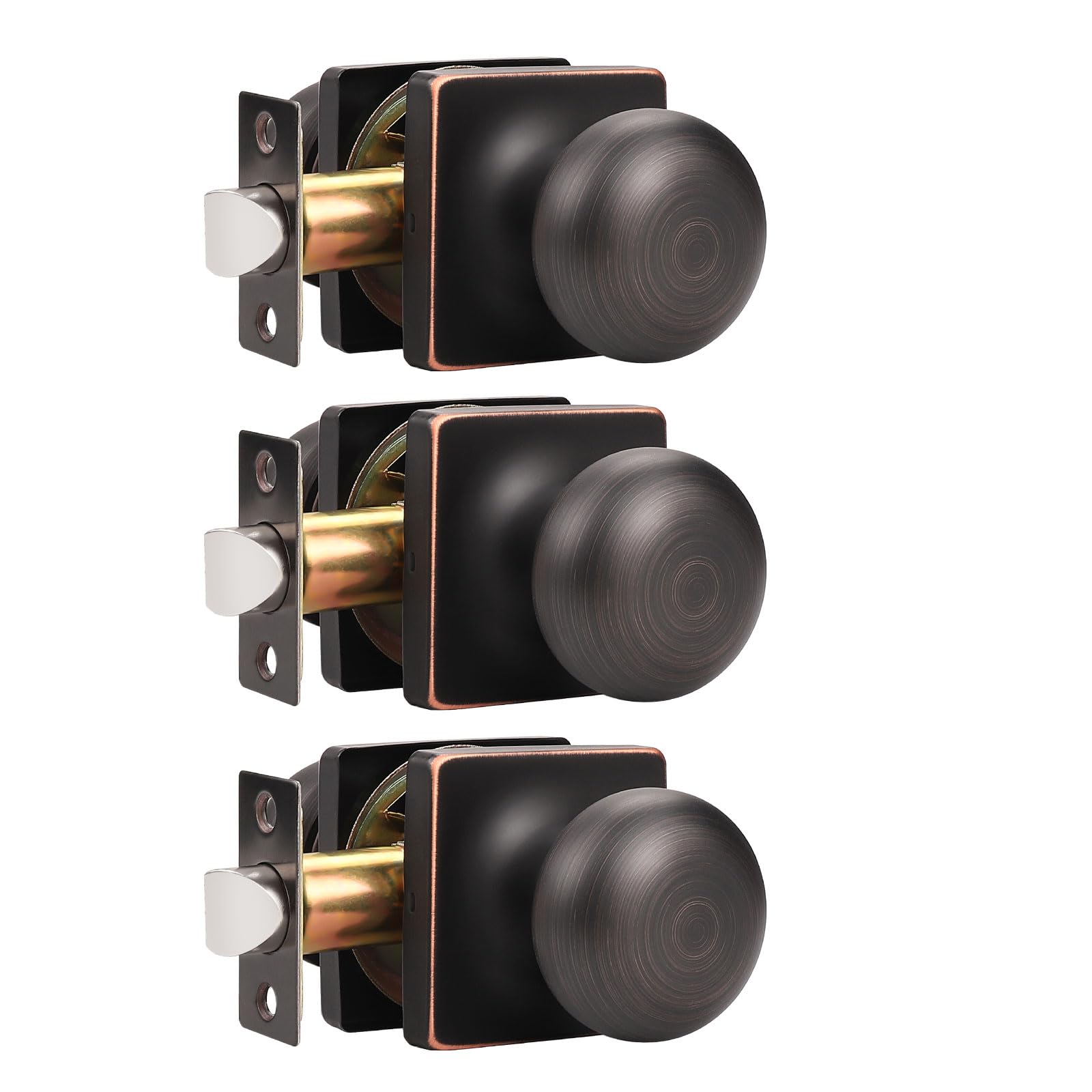 GOBEKOR 3 Pack Keyless Passage Door Knobs - Oil Rubbed Bronze Interior Door Knob with Lock, Stainless Steel Round Knob for Hallway, Bedroom & Closet - Easy Installation & Smooth Operation