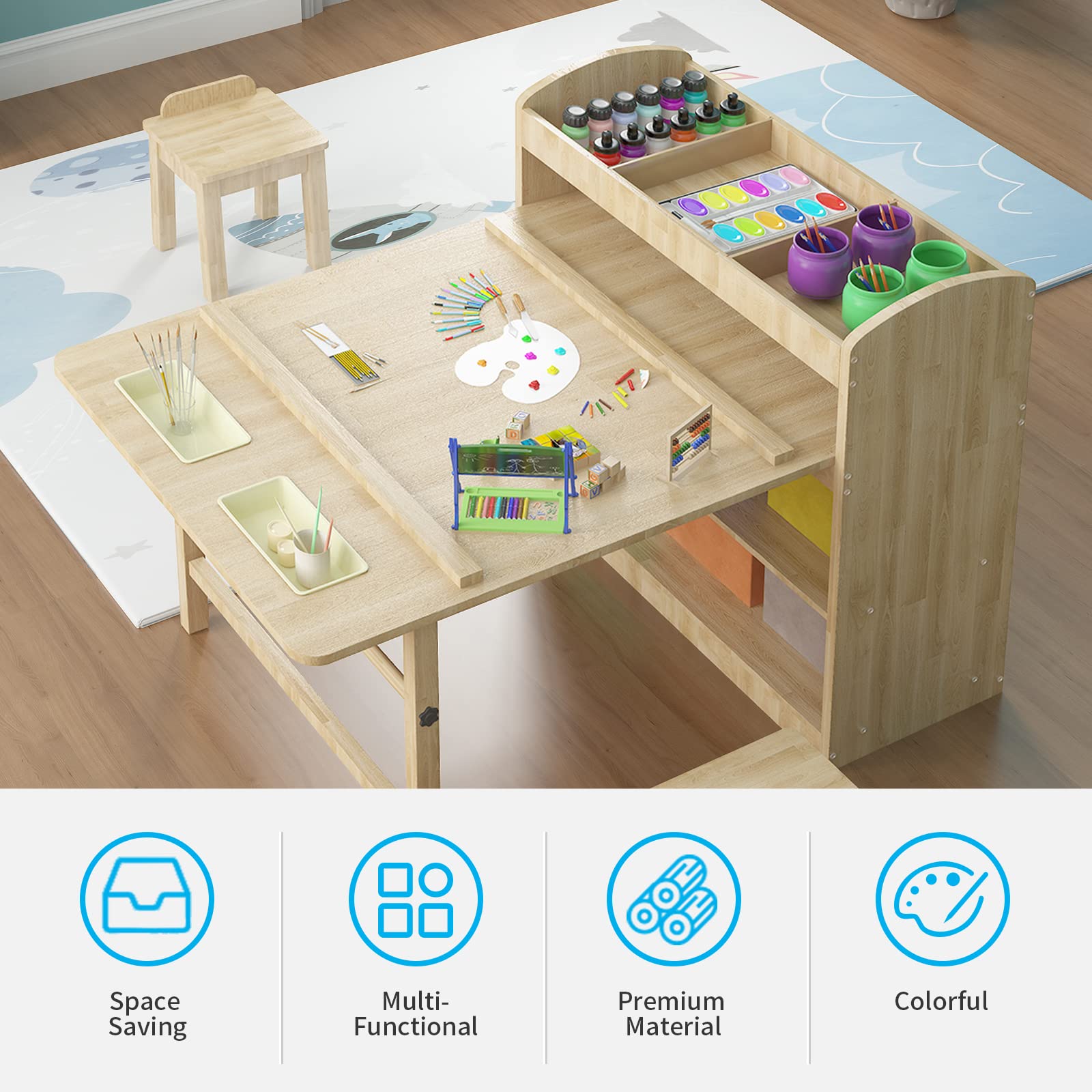 Mjkone Kids Art Table and 2 Chair Set - Wooden Toddler Table with Storage, Canvas Bins & Paper Roll | CPC Certified Learning Furniture for Preschoolers (Burlywood) | Perfect for Home, Classroom & Daycare Creative Activities