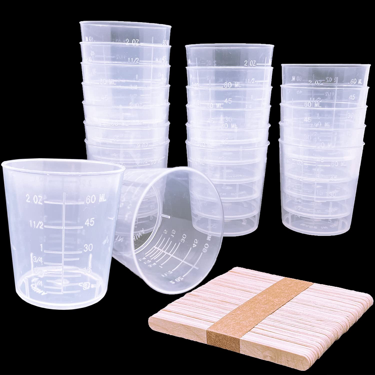 30 Pcs Plastic Graduated Measuring Cups 60ml/2oz with Measurement Marks - Clear Epoxy Resin Mixing Cups with 50 Wooden Stir Sticks for DIY Crafts, Paint, Stain, Glue - Perfect for Art Projects, Home Decor & Science Experiments