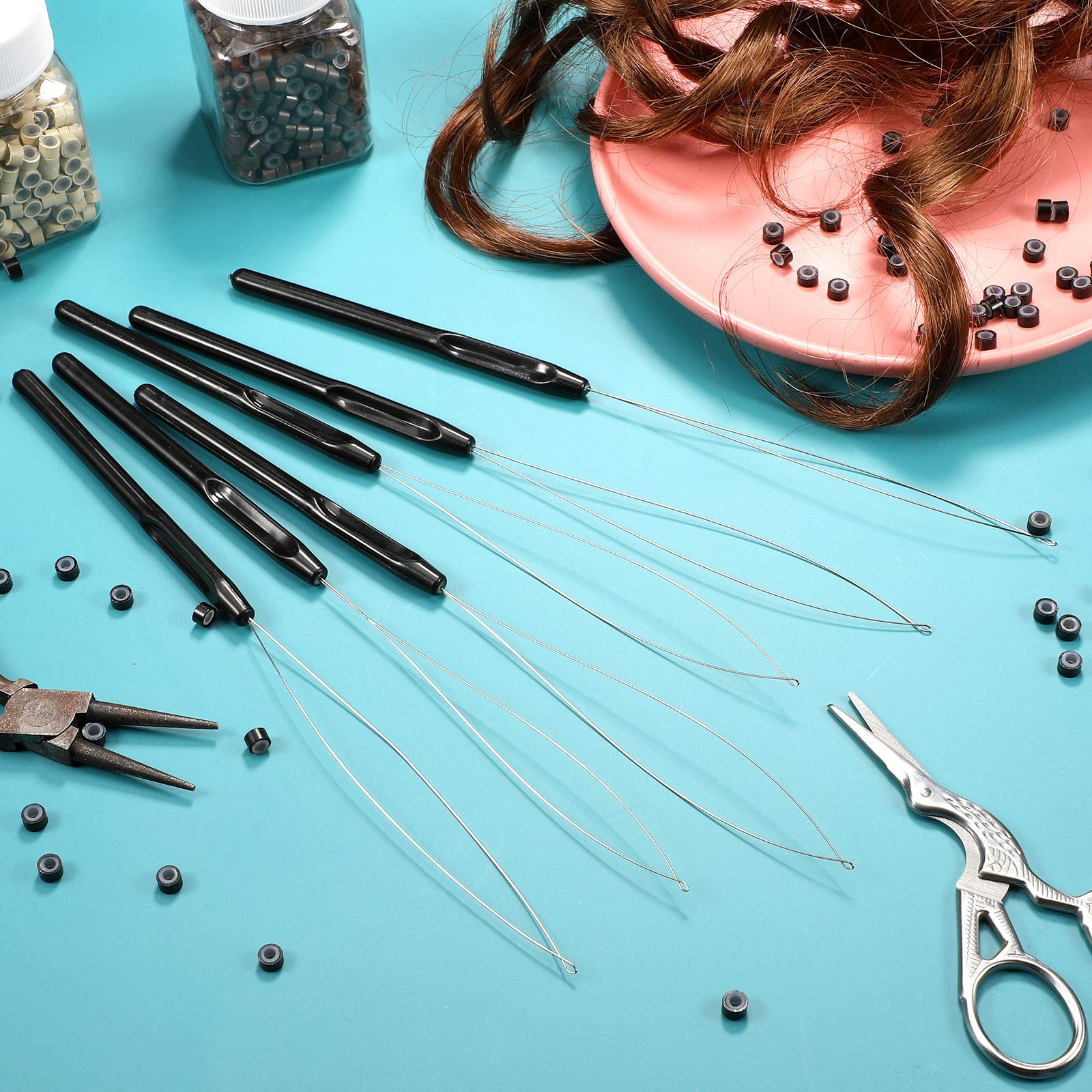 10 Pieces Hair Extension Loop Needle Threader Pulling Hook Tool with Beads - Black Hair & Feather Extension Threading Kit for Professional Stylists & DIY Beauty - Perfect for Salon, Home Use & Hair Accessories Making