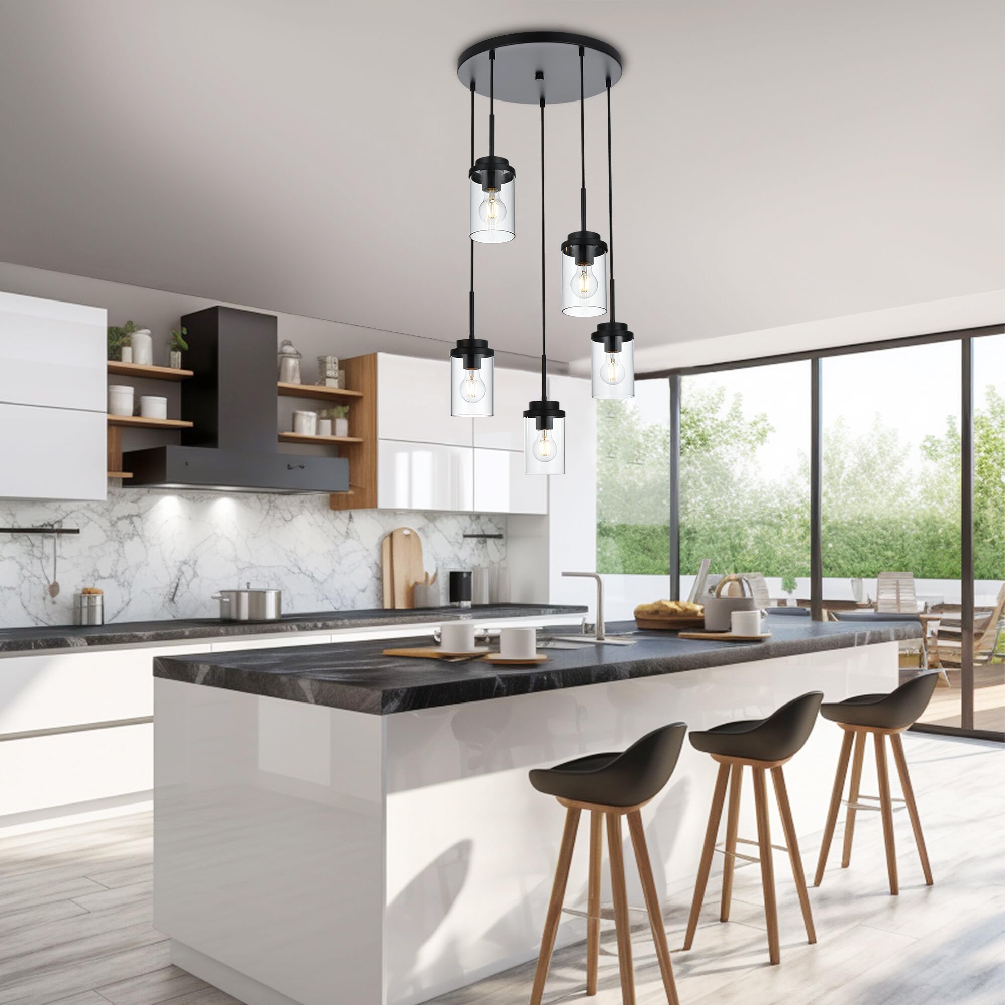 MELUCEE 5-Light Modern Black Pendant Light Fixture with Clear Glass Shade - Cluster Chandelier for Kitchen Island, Dining Room, Living Room Ceiling Lighting | Perfect for Farmhouse, Industrial & Contemporary Home Decor