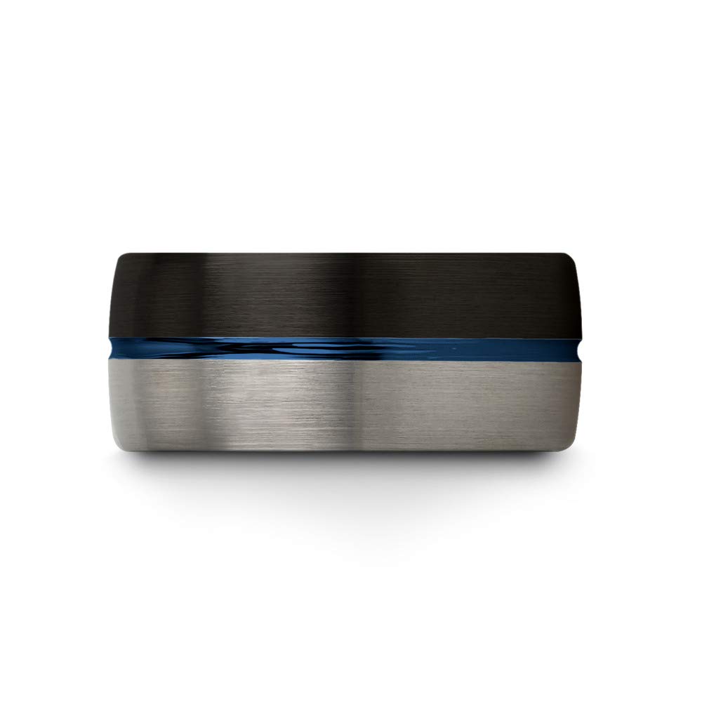 10mm Tungsten Carbide Wedding Band Ring for Men & Women - Blue & Black Center Line, Dome Grey Exterior, Half Brushed & Polished - Custom Engraved Anniversary & Engagement Ring (Perfect for Weddings, Proposals & Special Occasions)