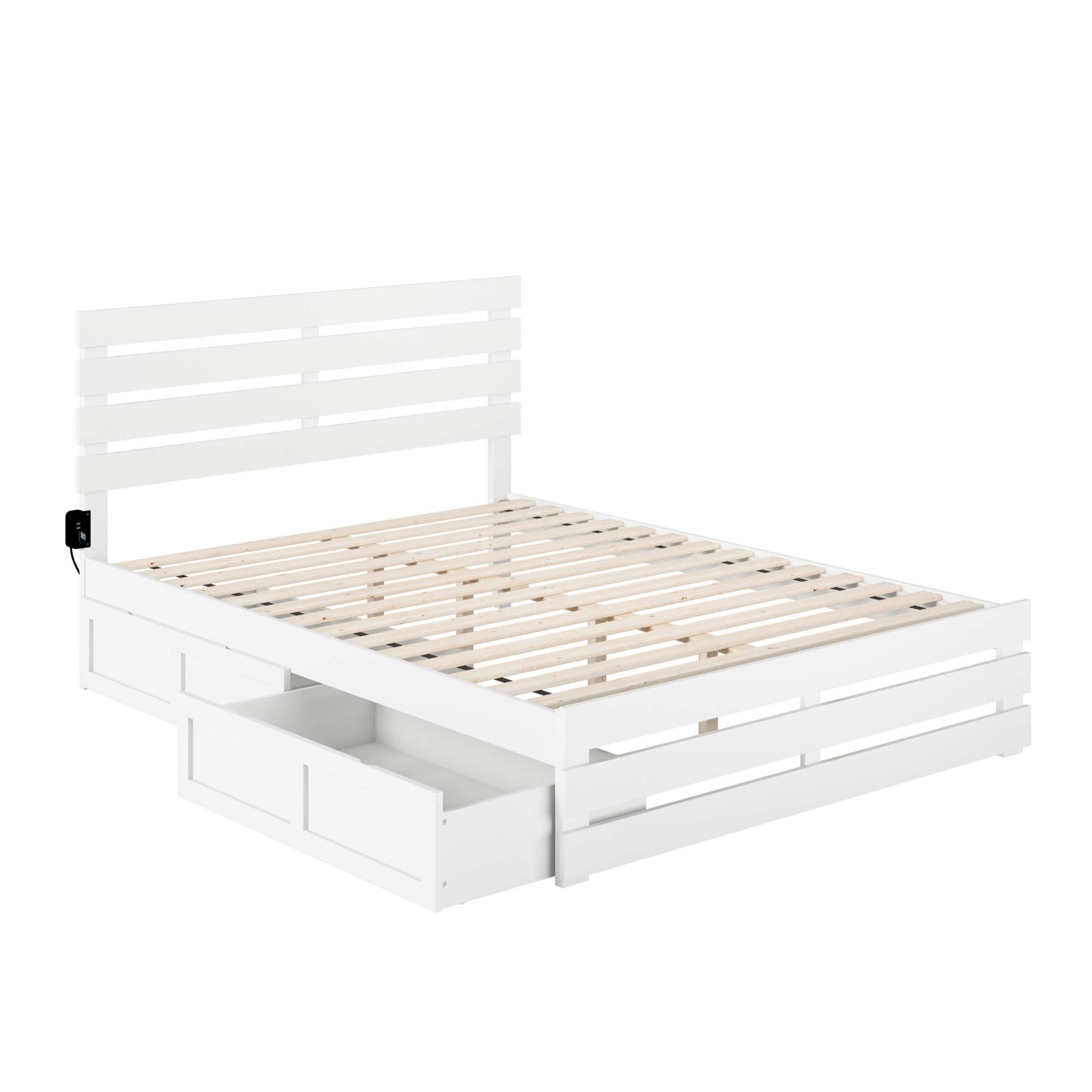 AFI Oxford Queen Size Bed Frame with Footboard, USB Turbo Charger & 2 Extra-Long Storage Drawers - White Wooden Platform Bed for Modern Bedroom & Guest Room