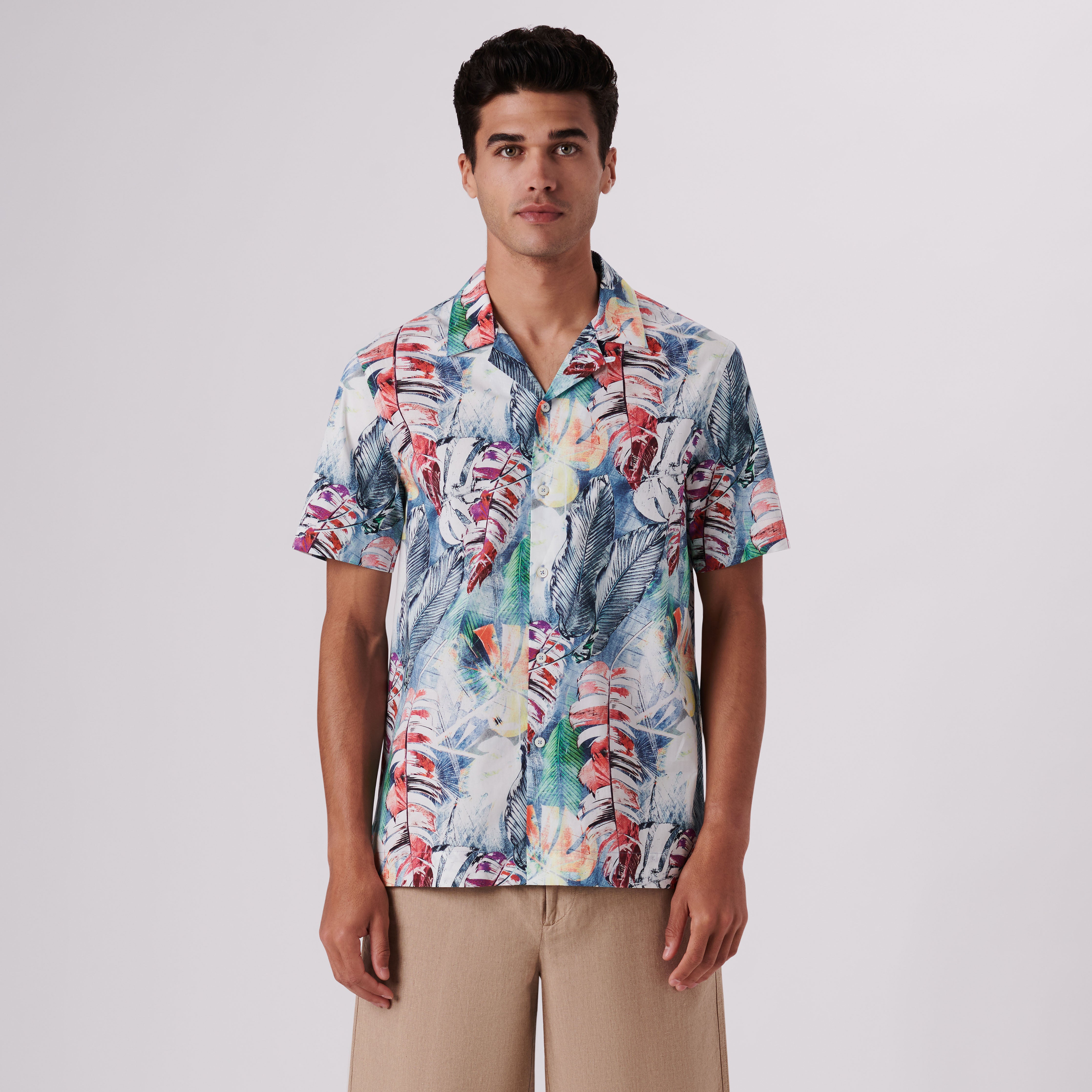 Jackson Leaf Print Short Sleeve Shirt for Men - Tropical Summer Casual Button Down Shirt - Breathable Lightweight Shirt for Beach Vacation, Outdoor Travel & Streetwear Fashion