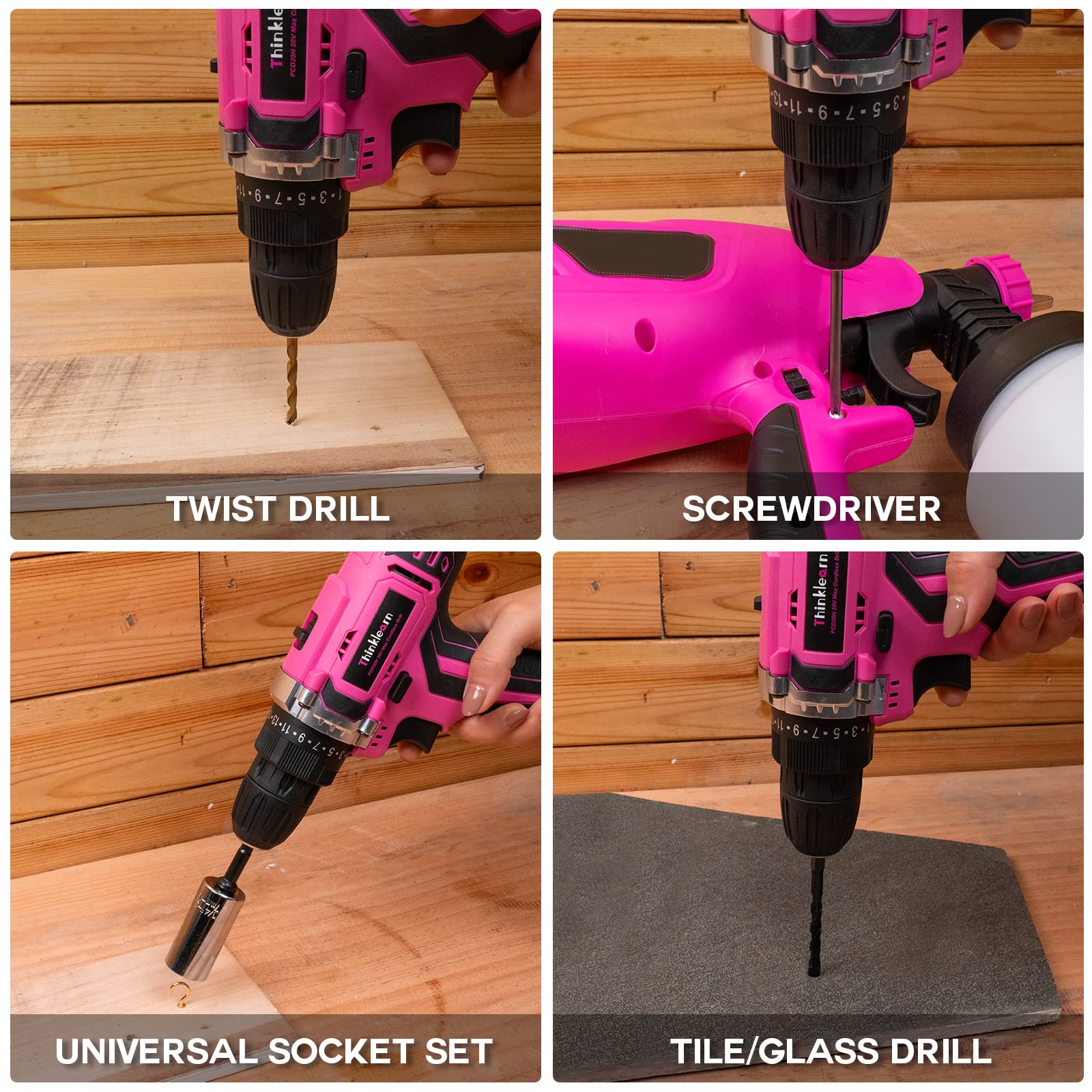 20V Pink Cordless Drill Set for Women - 67Pcs Driver Bits, 3/8