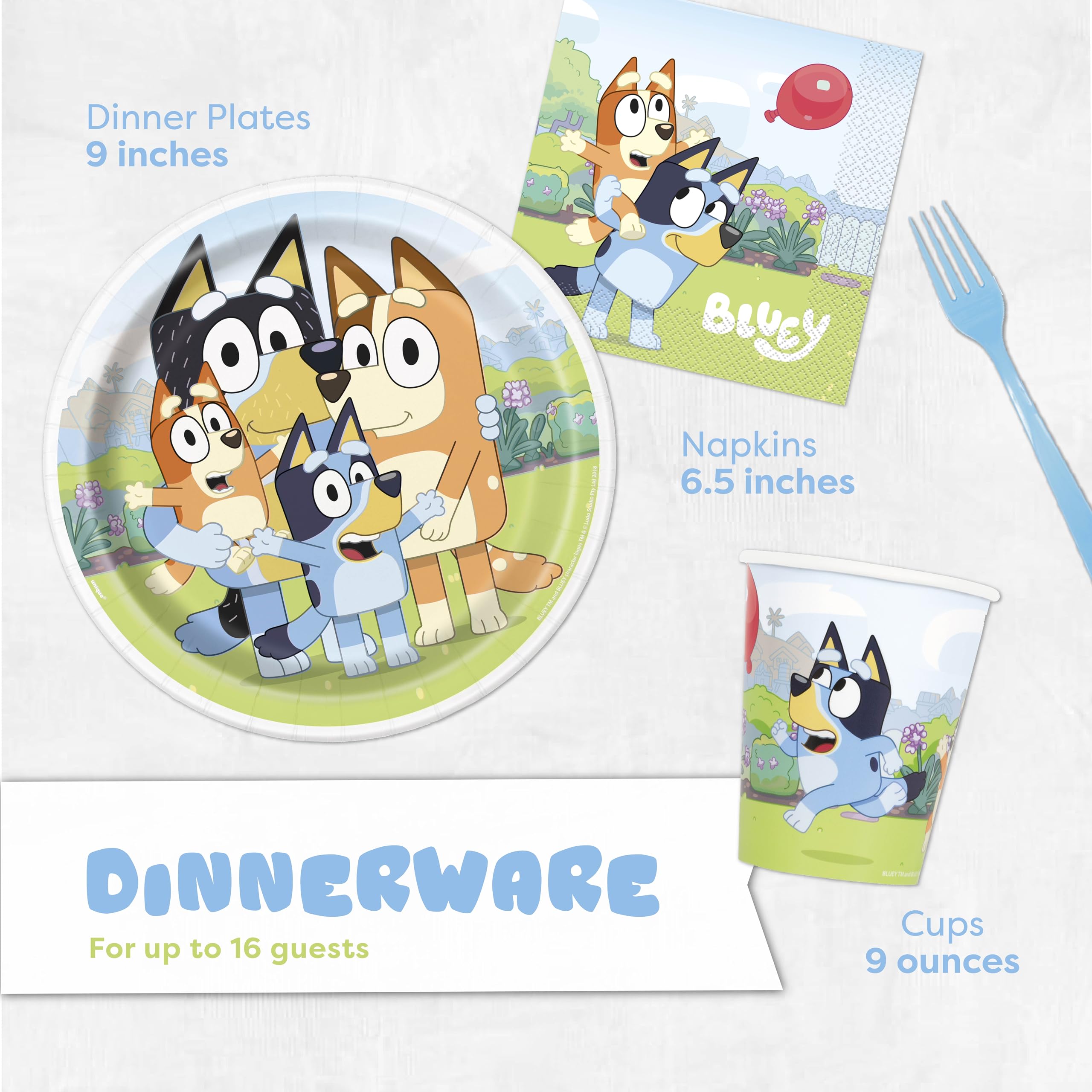 Bluey Birthday Party Decorations Set - Officially Licensed Tablecover, Plates, Cups, Napkins & Forks for 16 Guests | Unique Bluey Themed Party Supplies | Perfect for Kids Birthday Celebrations & Themed Events