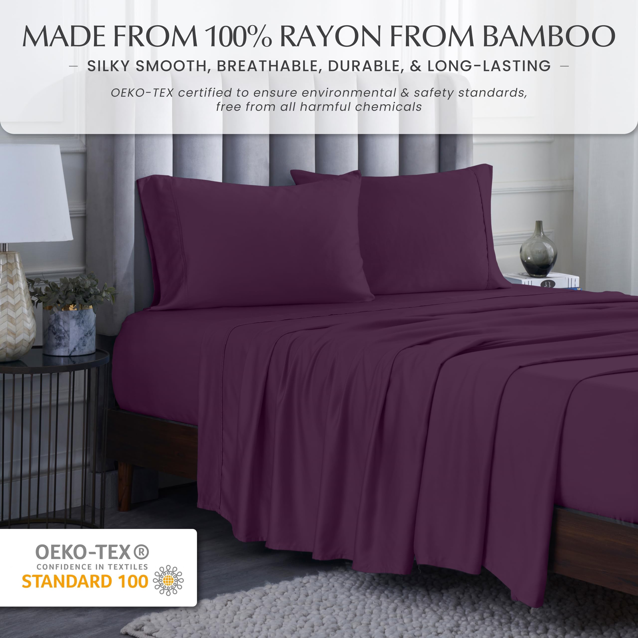Premium 300-Thread Count Bamboo Rayon Bed Sheet Set - King Size Deep Pocket Fitted Sheet + Flat Sheet + 2 Pillowcases - Ultra Soft Sateen Weave Luxury Bedding in Purple - Perfect for Master Bedroom, Guest Room & Hotel Style Comfort