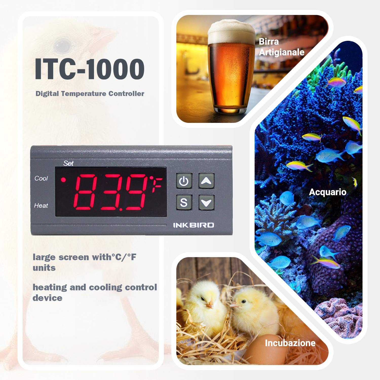 Inkbird ITC-1000F Dual Stage Digital Temperature Controller - Precise Cooling & Heating Thermostat with Celsius/Fahrenheit Display for Homebrew, Aquarium, Reptile & Greenhouse Use