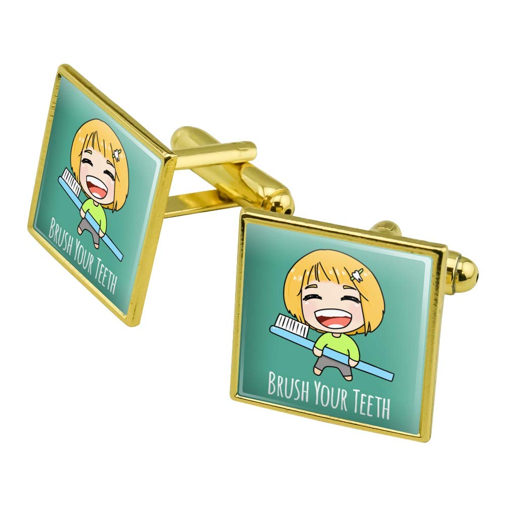 GRAPHICS & MORE Kawaii Chibi Toothbrush Square Cufflinks Set - Silver or Gold - Perfect for Anime Fans, Cosplay, and Unique Gift Giving