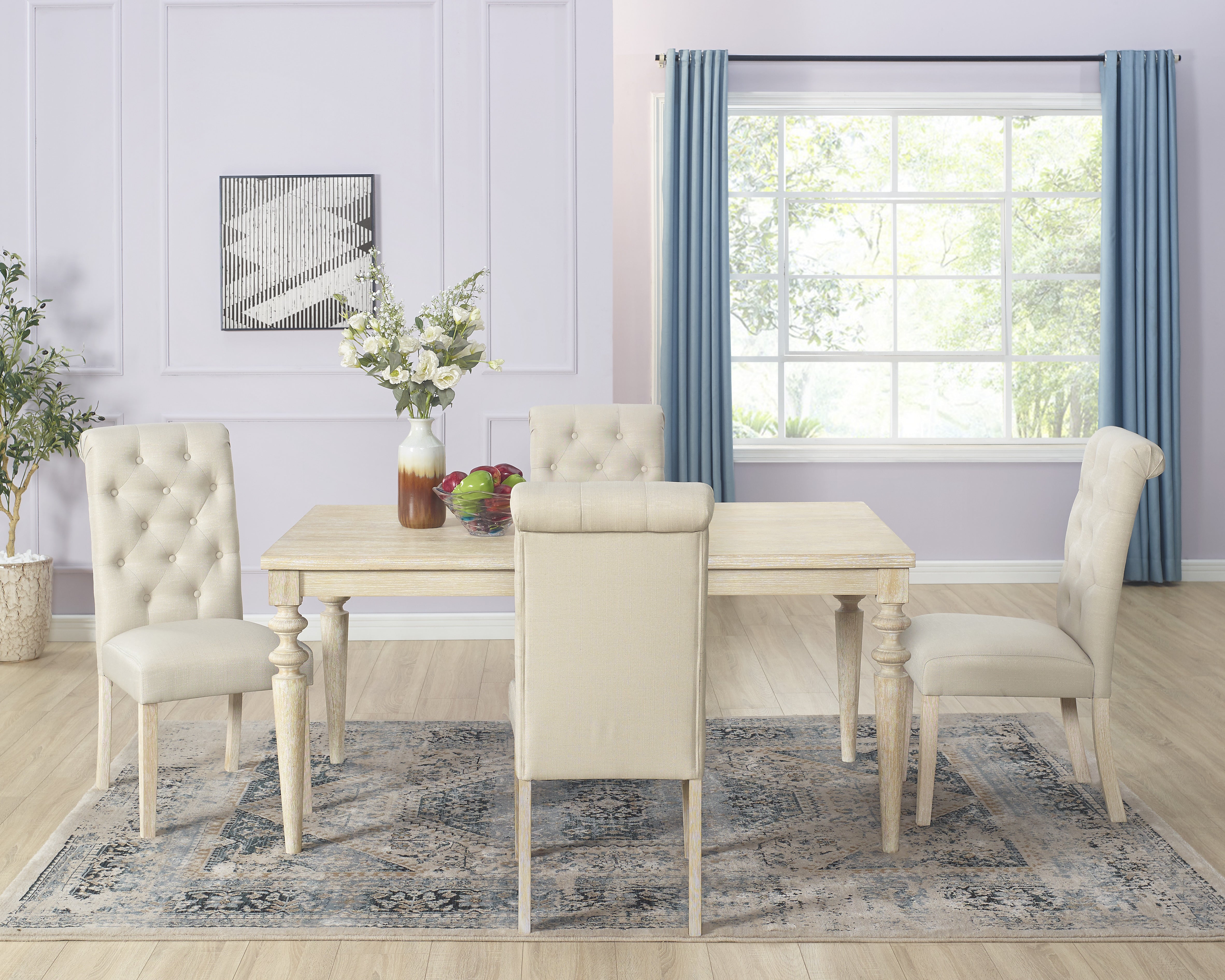 Roundhill Furniture Amonia 5-Piece Dining Set - Turned Leg Dining Table with 4 Tufted Upholstered Chairs for Kitchen, Dining Room, and Small Spaces