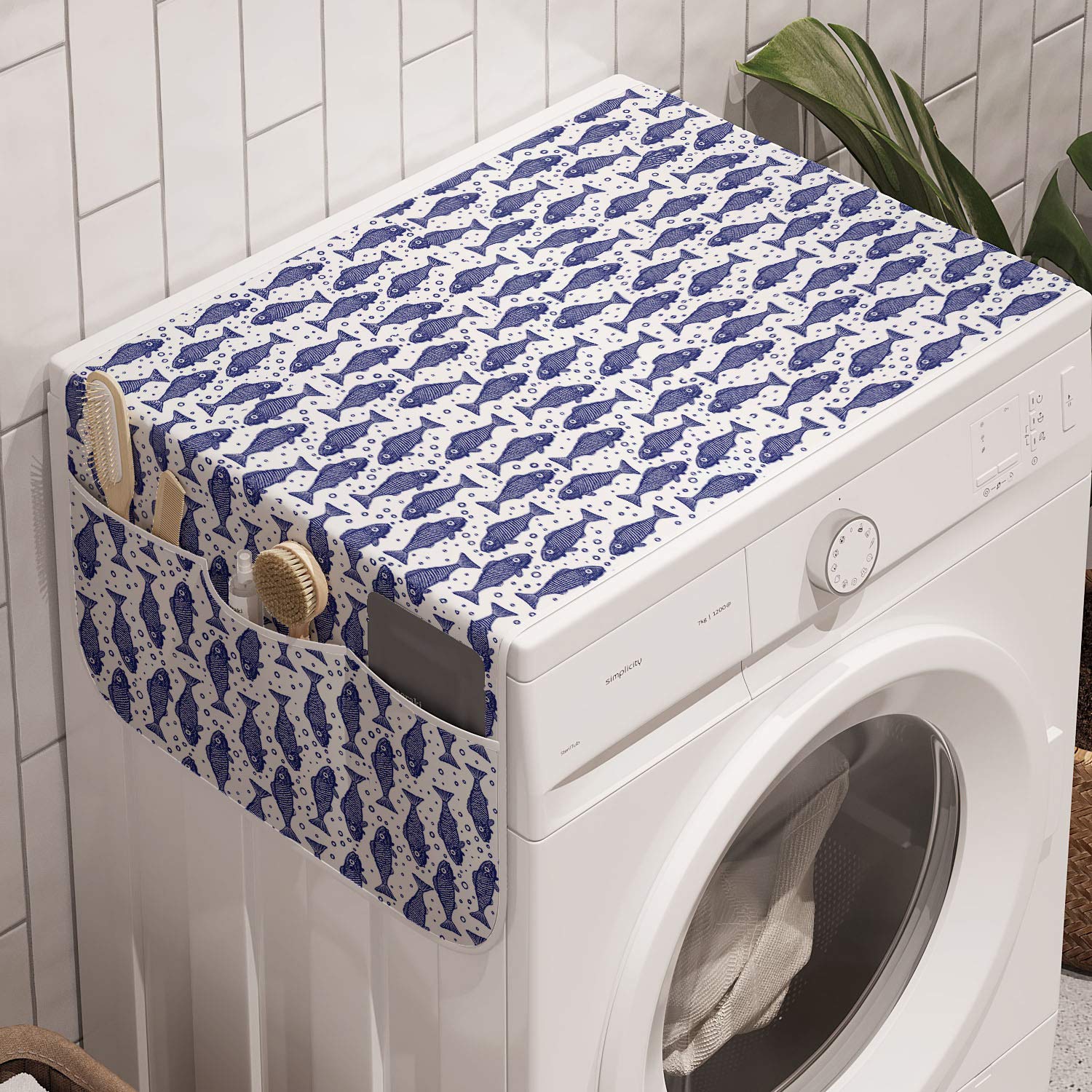 Ambesonne Nautical Washing Machine Cover - Monochrome Hand-Drawn Fish Pattern with Anti-Slip Fabric for Washers & Dryers, 47