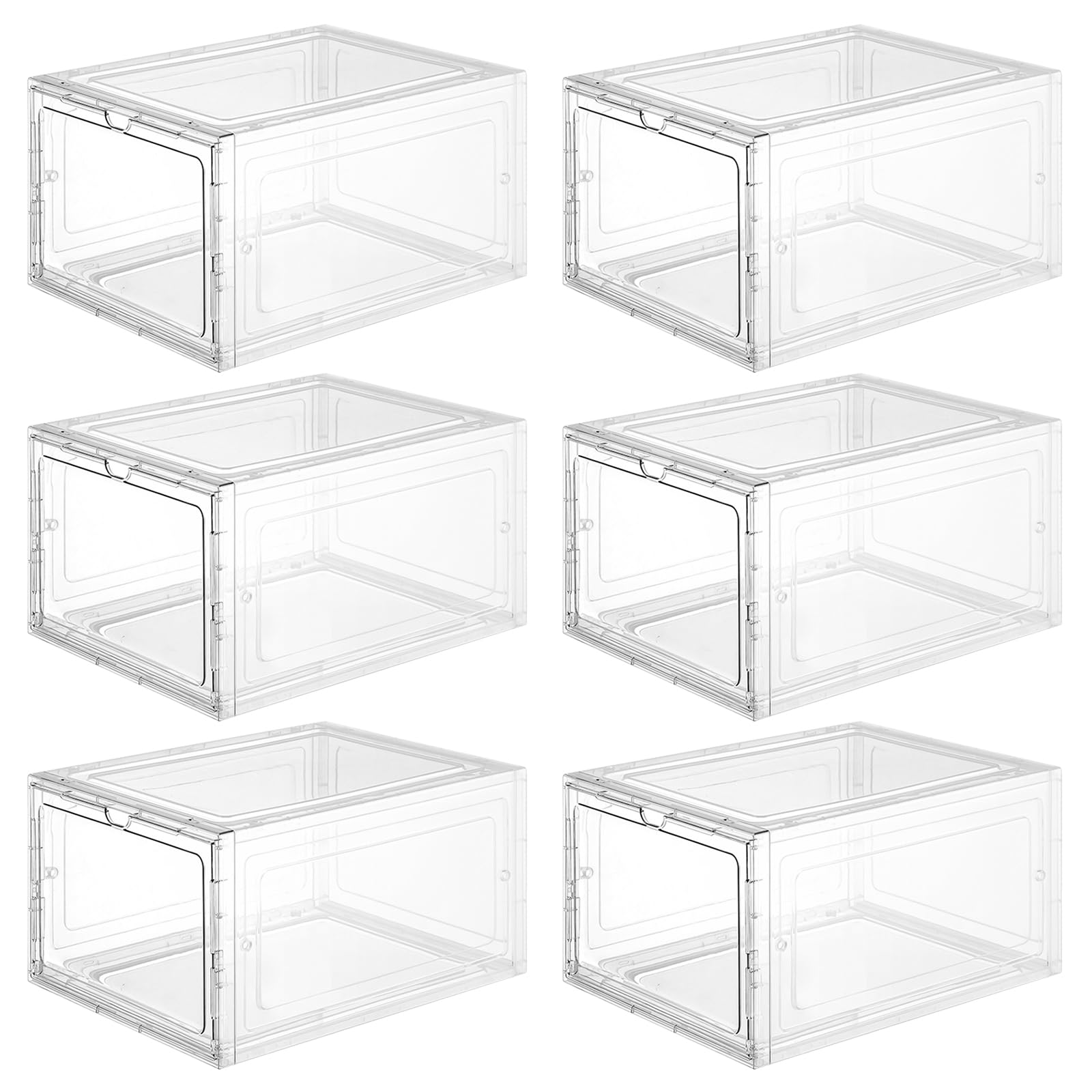 6 Pack Clear Plastic Shoe Organizer Boxes - 19.5 Qt Stackable Drop Front Shoe Storage with Magnetic Lids | Perfect for Closet, Office & Home Organization | Durable Hard Box Containers for Shoes, Accessories & Small Items