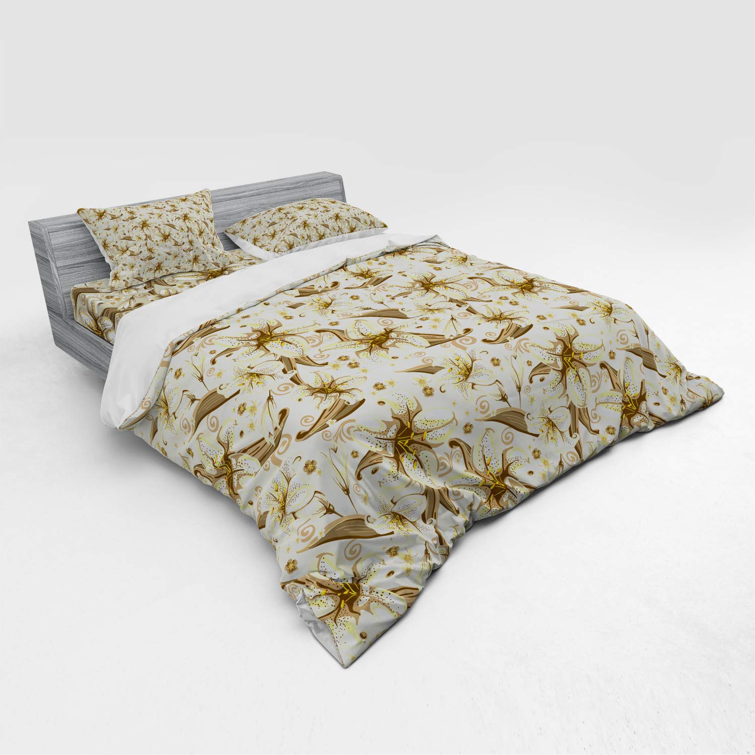 Ambesonne Beige Duvet Cover Set - Wild Distressed Lilies Floral Design with Blooming Petals Bouquet, 4-Piece King Size Bedding Set Includes Shams & Fitted Sheet in White Yellow Beige | Nature-Themed Luxury Bedroom Decor for Master Bedroom, Guest Room & Vacation Homes
