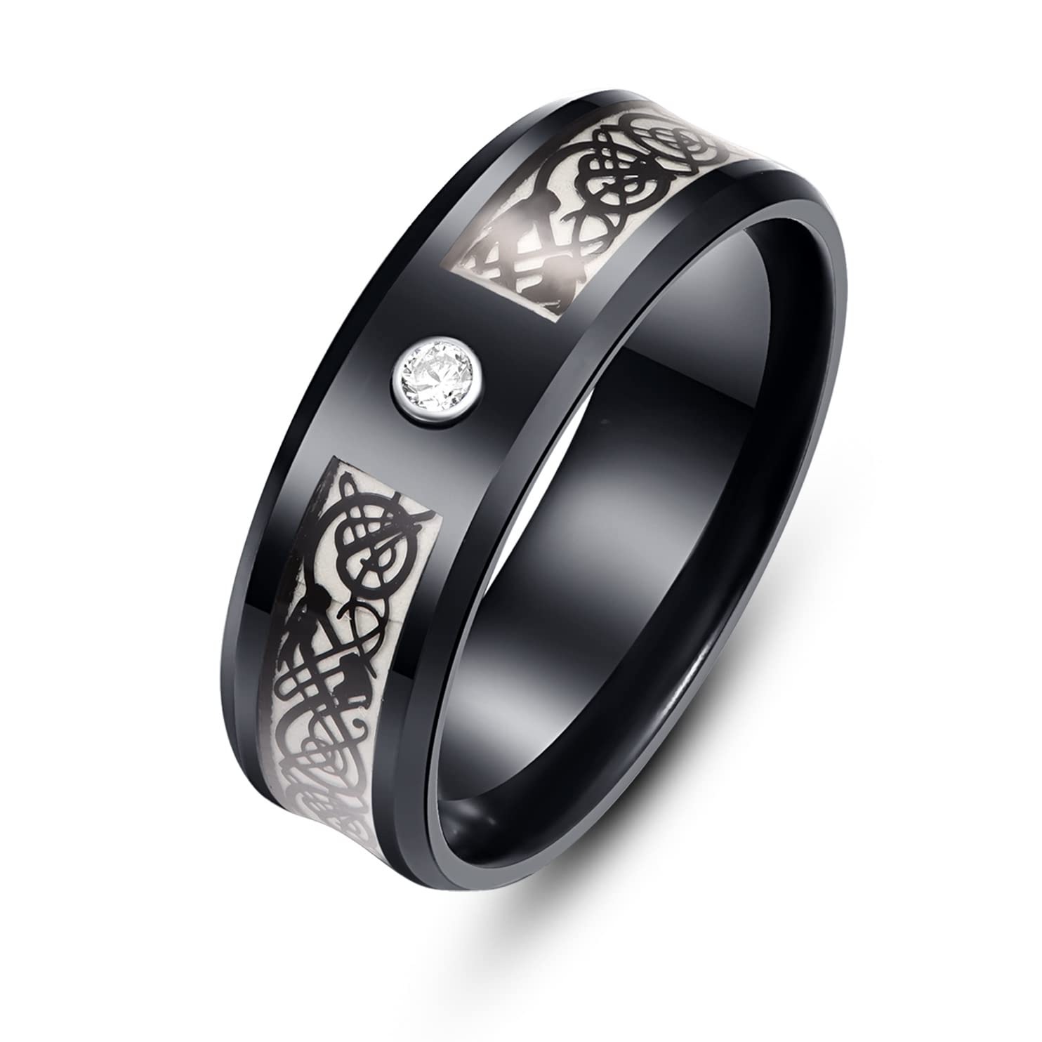 8mm Black Aurora Luminous Celtic Dragon Ring - Tungsten Steel Wedding Band for Men & Women - Dark Fantasy Engagement Promise Ring - Glow in The Dark Jewelry Gift for Couples (Perfect for Gothic Weddings, Cosplay & Unique Fashion Statements)