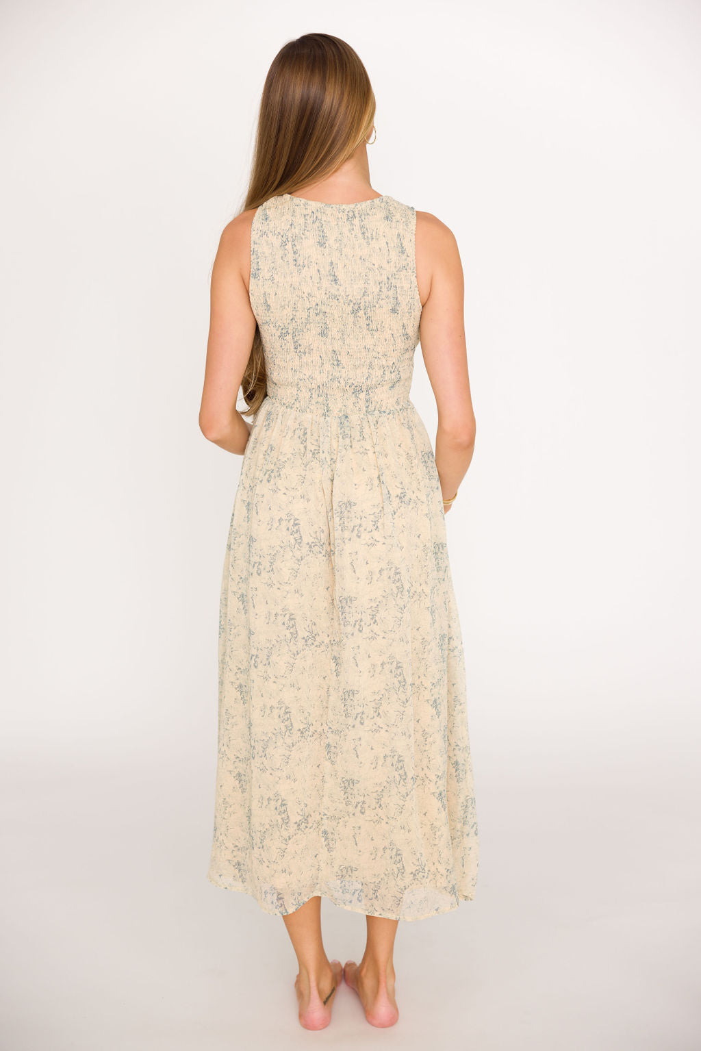 Alaina Floral Print Smocked Midi Dress - Blue Multi Color Summer Dress for Women | Perfect for Beach Vacations, Garden Parties & Casual Outings