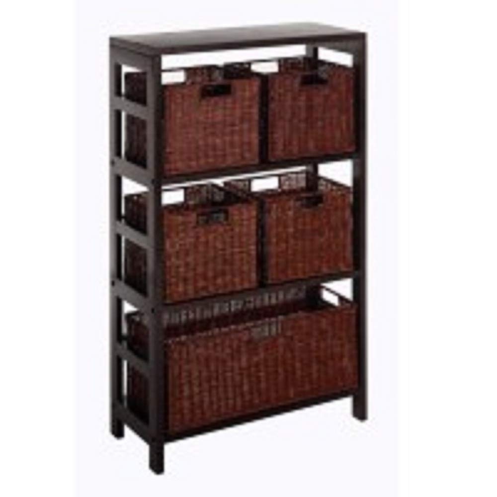Modern 6-Piece Black & Brown Storage Shelf Set with 1 Large & 4 Small Baskets - 42 Inch Wall Organizer for Living Room, Bedroom, or Office Decor