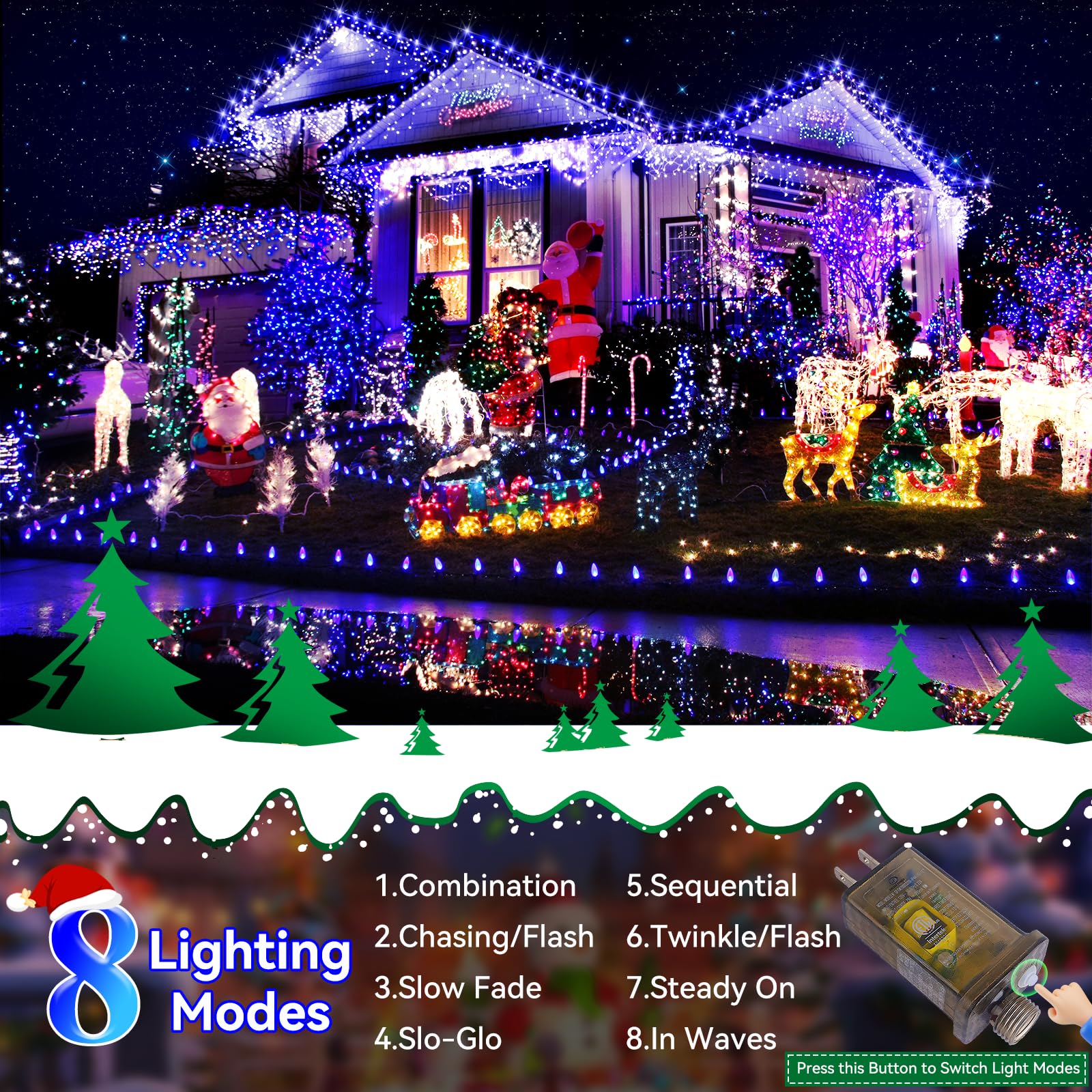 Heceltt 115FT 350LED Christmas Lights Outdoor Waterproof - 8 Lighting Modes with Timer Memory Function - Plug in Holiday String Lights for Xmas Tree, Wedding, Party, Garden, and Home Decoration