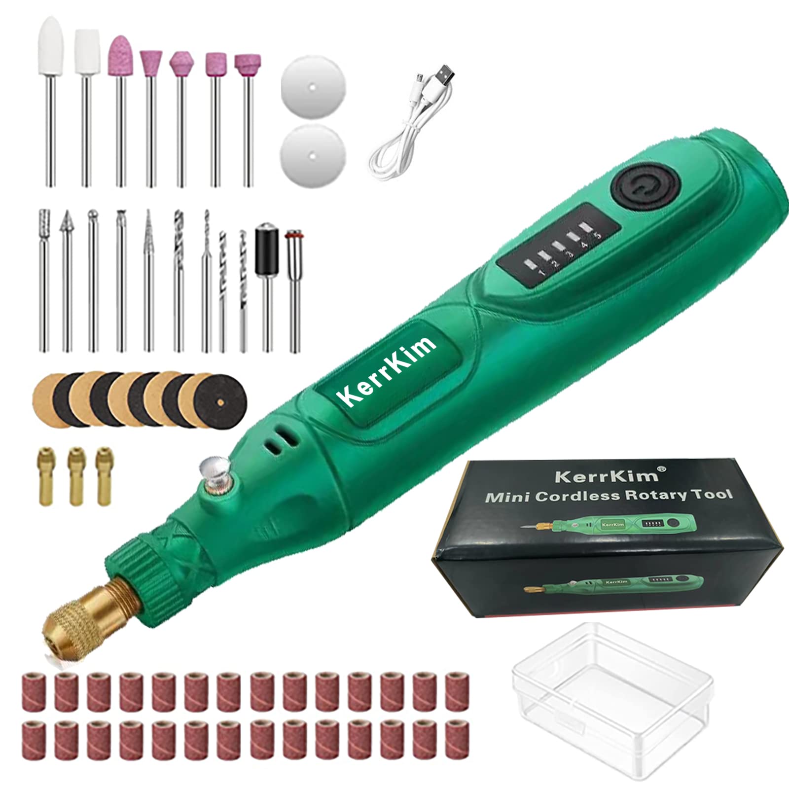 KerrKim 5-Speed 3.7V USB Rechargeable Cordless Rotary Tool Kit with 61 Accessories - Mini Power Tool for Sanding, Polishing, Drilling, Etching & Engraving - Perfect for DIY Crafts, Jewelry Making, Woodworking & Home Repairs