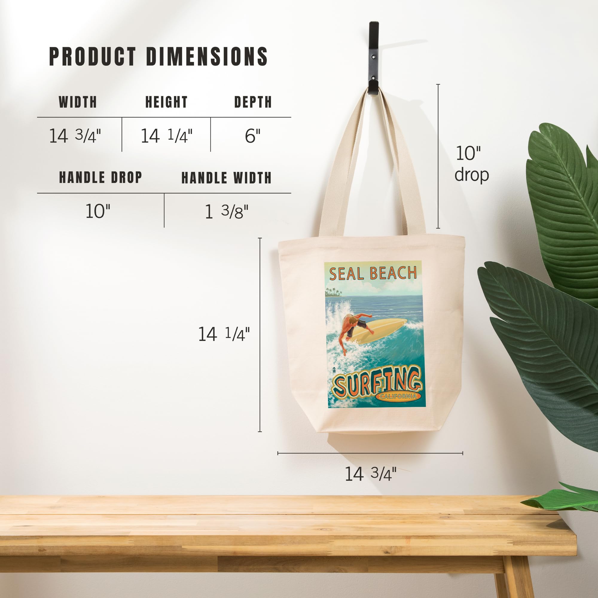 Lantern Press Seal Beach California Surfer Tropical Tote Bag - 100% Cotton Canvas Reusable Shopping Bag for Beach, Grocery & Daily Use