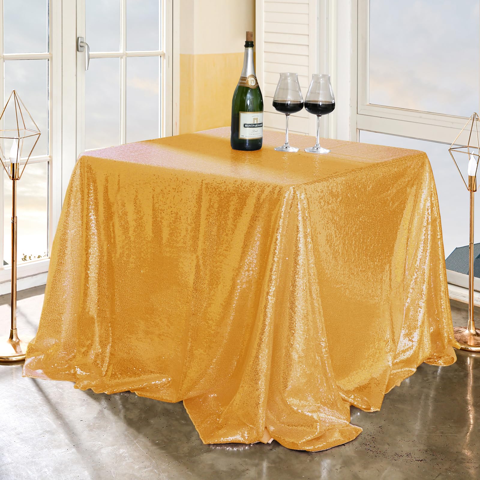 Gold Sequin Tablecloth 90x90 Inch - Glitter Shimmer Square Table Cover for Wedding, Baby Shower, Birthday Party, Dinner Decor - Perfect for Cake, Dessert & Food Display Tables